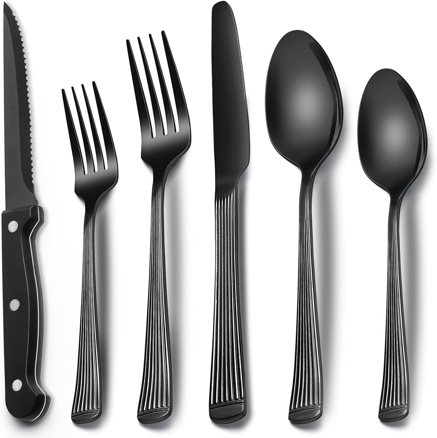 EWFEN 24-Piece Silverware Set with Steak Knives, Food-Grade Stainless Steel Tableware Cutlery Set for 4, Mirror Finished Flatware Utensil for Home Restaurant Black
