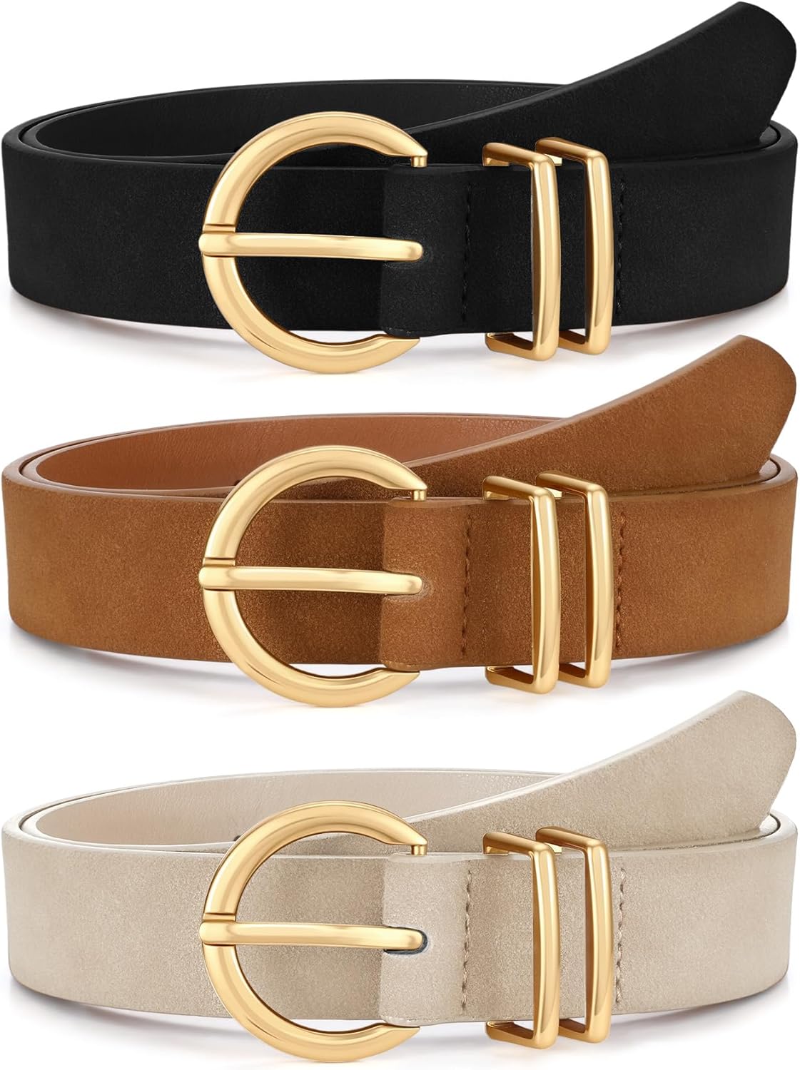VONMELLI 3 Pack Women's Leather Belts for Jeans Dresses Ladies Waist Belt with Fashion Gold Buckle