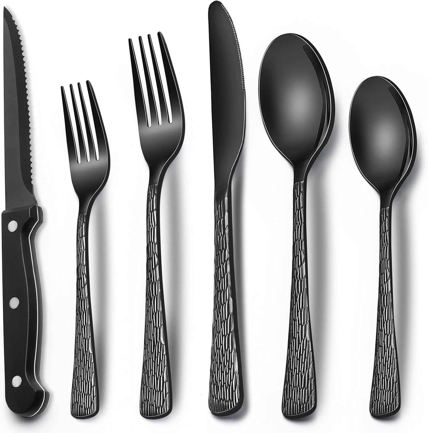 EWFEN 24-Piece Silverware Set with Steak Knives, Food-Grade Stainless Steel Tableware Cutlery Set for 4, Mirror Finished Flatware Utensil for Home Restaurant Black