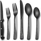 EWFEN 24-Piece Silverware Set with Steak Knives, Food-Grade Stainless Steel Tableware Cutlery Set for 4, Mirror Finished Flatware Utensil for Home Restaurant Black
