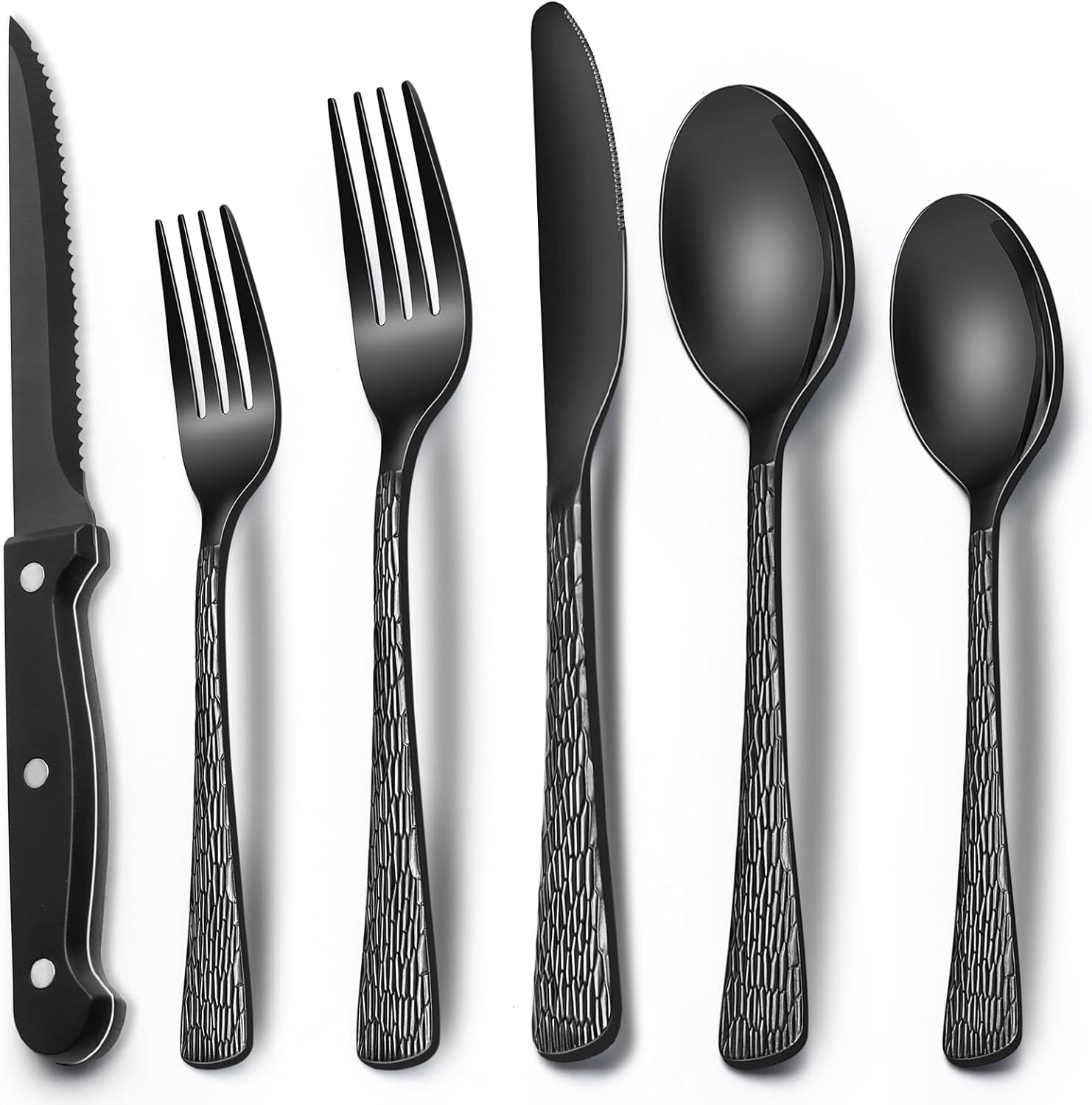 EWFEN 24-Piece Silverware Set with Steak Knives, Food-Grade Stainless Steel Tableware Cutlery Set for 4, Mirror Finished Flatware Utensil for Home Restaurant Black