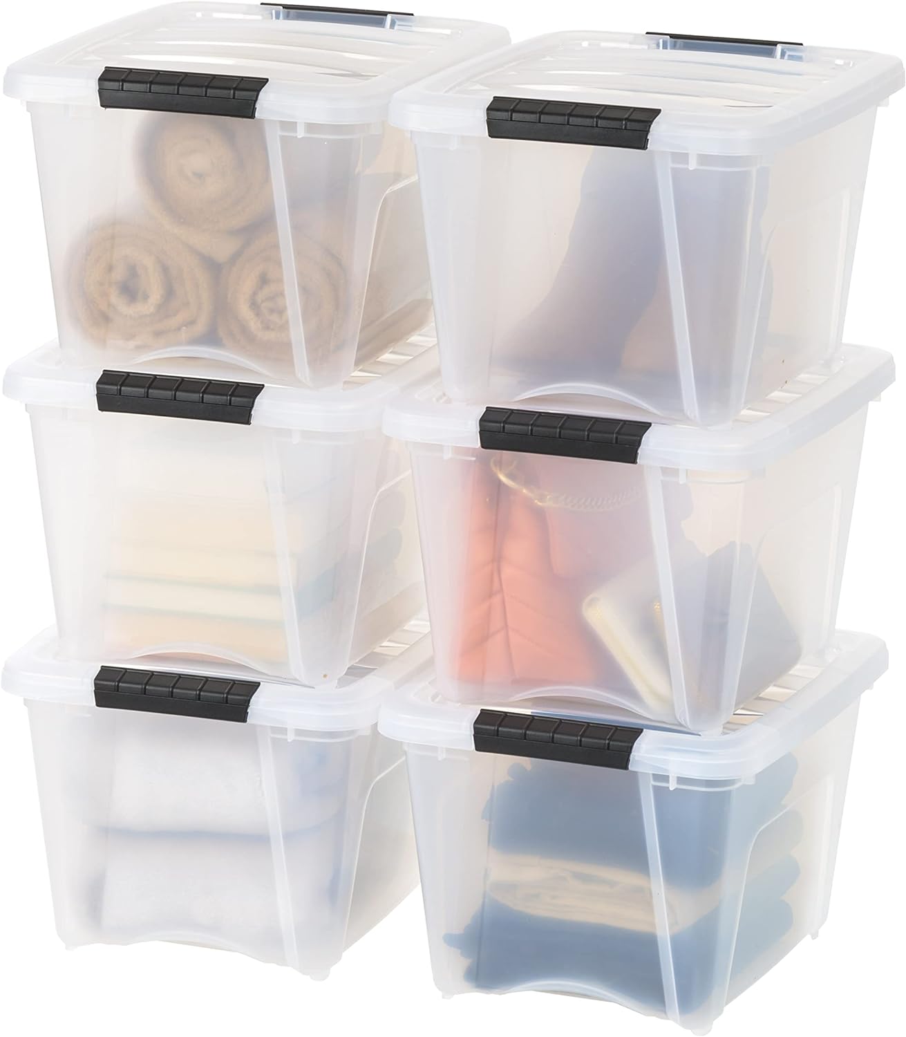 IRIS USA 54 Qt Stackable Plastic Storage Bins with Lids, 6 Pack - BPA-Free, Made in USA - See-Through Organizing Solution, Latches, Durable Nestable Containers, Secure Pull Handle - Clear