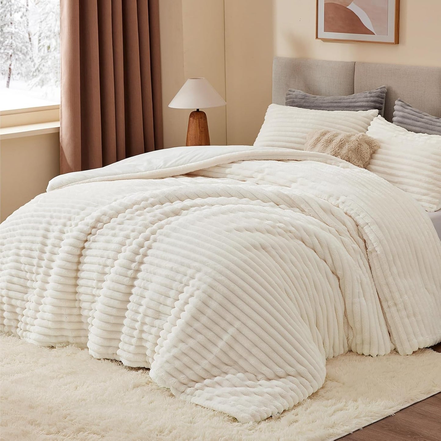 BEDELITE Fleece Comforter Set -Super Soft & Warm Fluffy Cream White Bedding, Luxury Fuzzy Heavy Bed Set for Winter with 2 Pillow Cases