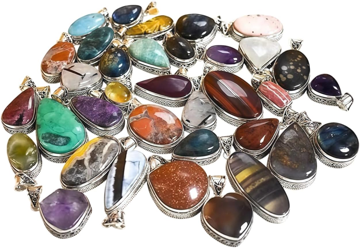 Handmade 10 Pcs Gemstone Pendant Necklace Set for Women, Silver Pendants for Women