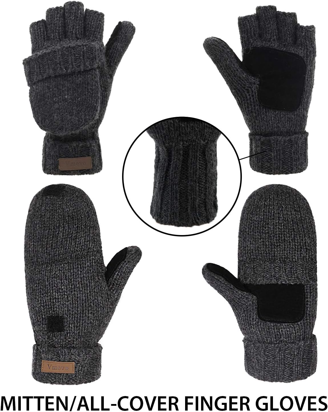 ViGrace Winter Knitted Convertible Fingerless Gloves Wool Mittens Warm Mitten Glove for Women and Men