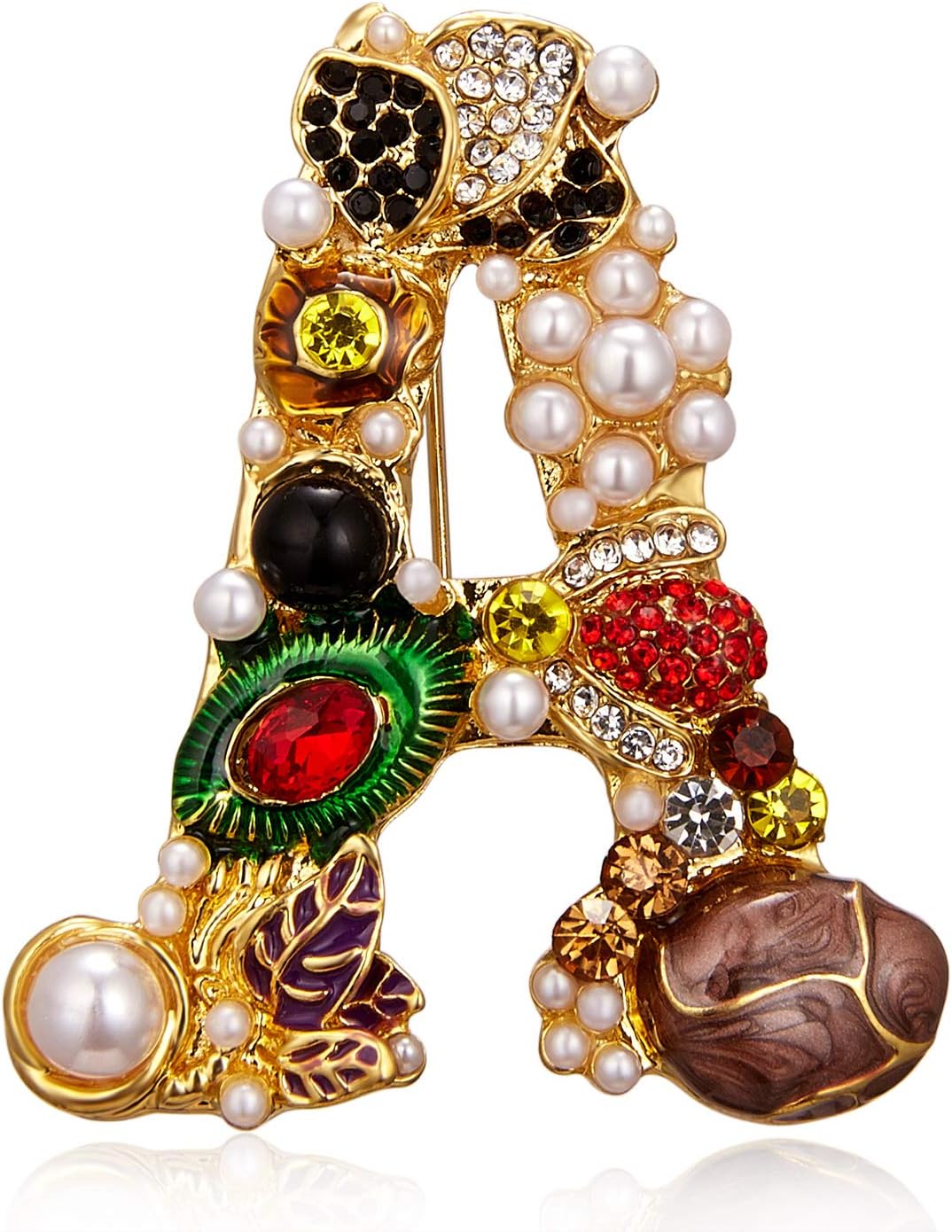 RINHOO Crystal Pearl Initial Brooch Gold Plated Enamel Colorful Letter Alphabet Breastpin Pin Jewelry for GIFTS