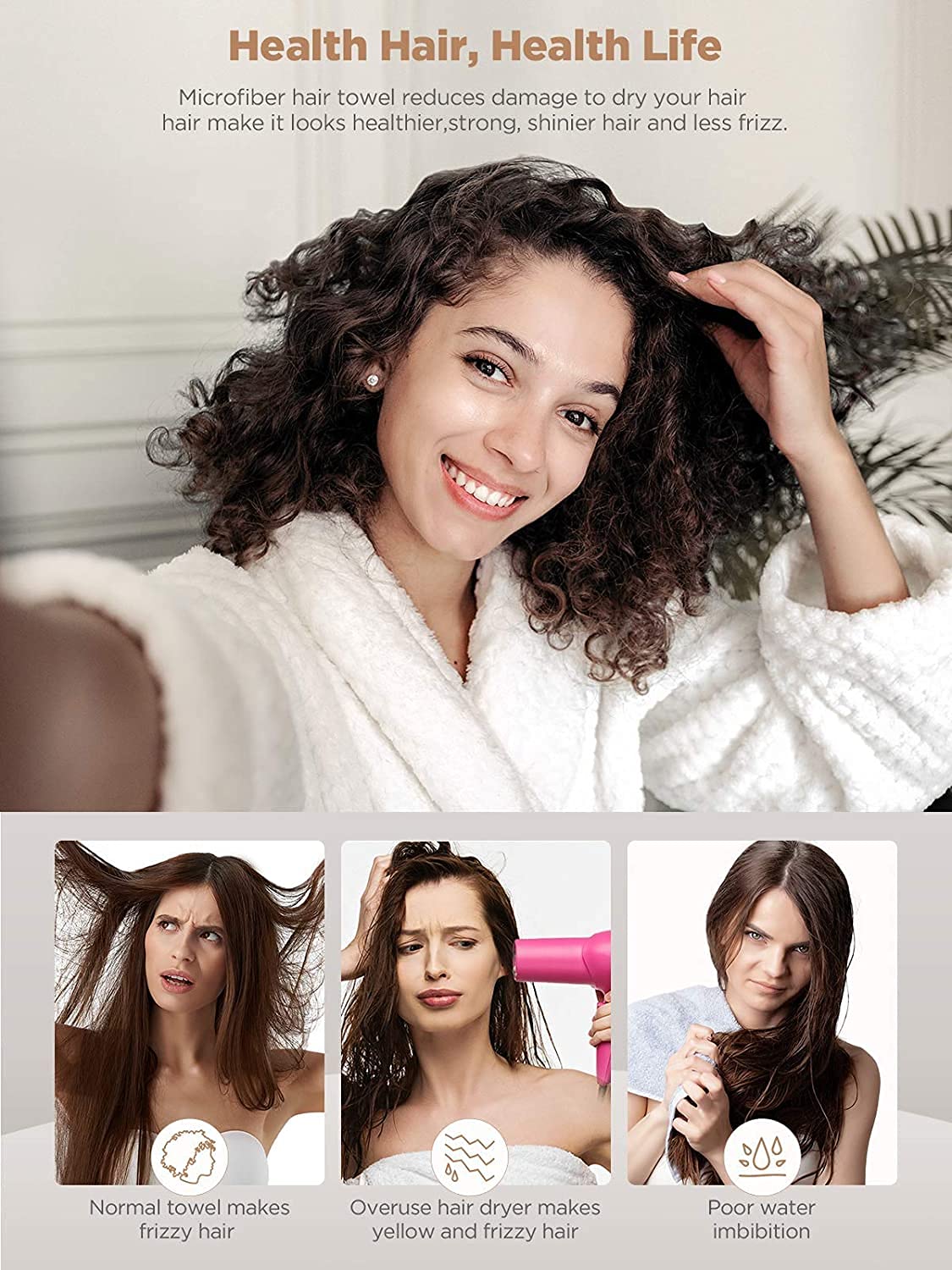 Hicober Microfiber Hair Towel Wrap, Fast Drying Hair Towels for Women, Soft Lightweight Quick Dry Turban for Curly & Long Hair–3 Pack(Blue/Grey/Pink)