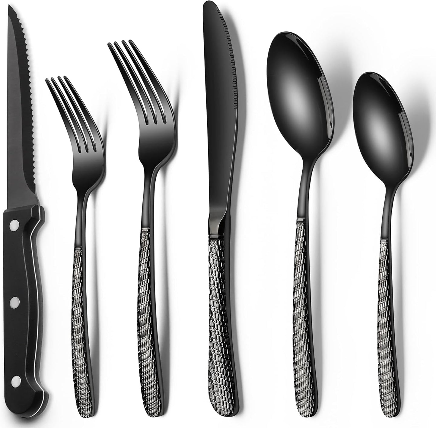 EWFEN 24-Piece Silverware Set with Steak Knives, Food-Grade Stainless Steel Tableware Cutlery Set for 4, Mirror Finished Flatware Utensil for Home Restaurant Black
