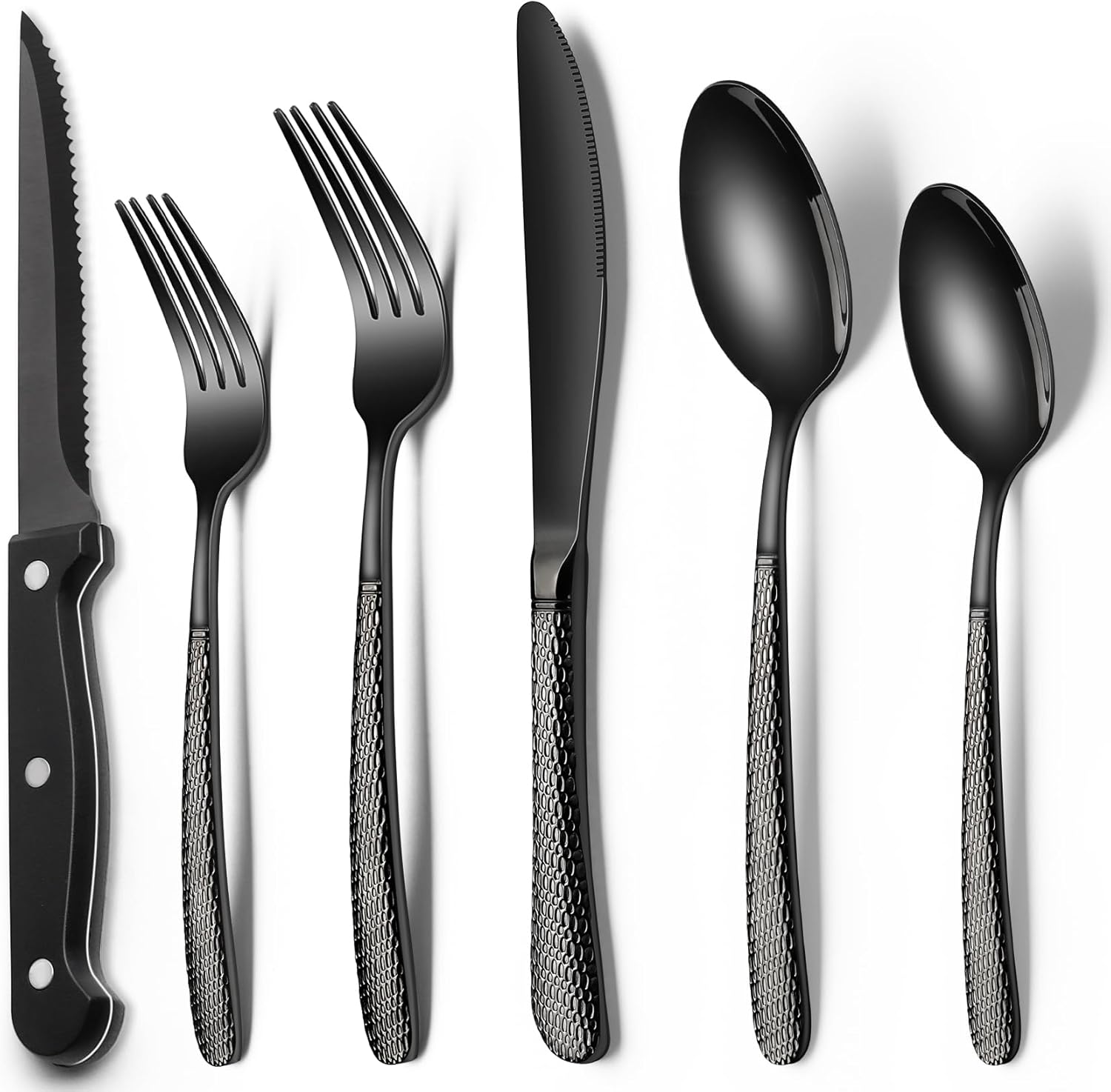 EWFEN 24-Piece Silverware Set with Steak Knives, Food-Grade Stainless Steel Tableware Cutlery Set for 4, Mirror Finished Flatware Utensil for Home Restaurant Black