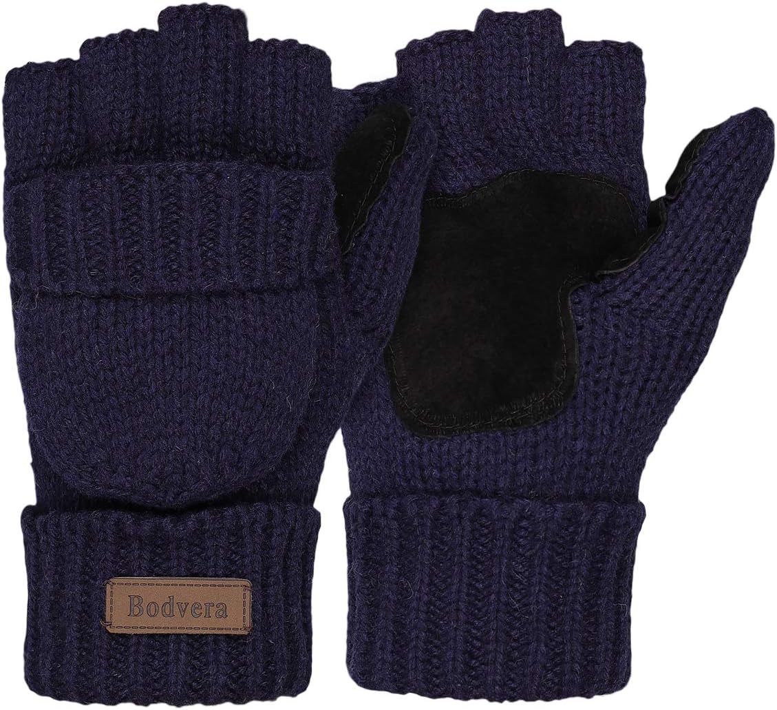 Thermal Insulation Fingerless Texting Wool Gloves for Women and Men Winter Warm Knitted Convertible Mittens Flap