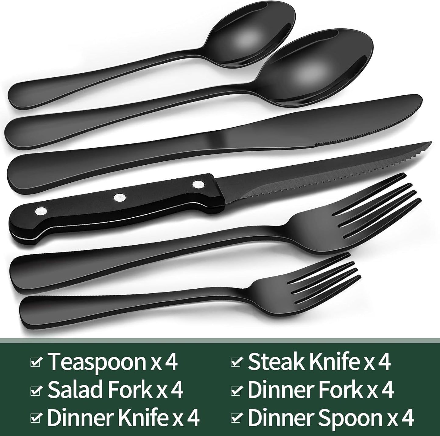 EWFEN 24-Piece Silverware Set with Steak Knives, Food-Grade Stainless Steel Tableware Cutlery Set for 4, Mirror Finished Flatware Utensil for Home Restaurant Black