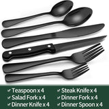 EWFEN 24-Piece Silverware Set with Steak Knives, Food-Grade Stainless Steel Tableware Cutlery Set for 4, Mirror Finished Flatware Utensil for Home Restaurant Black