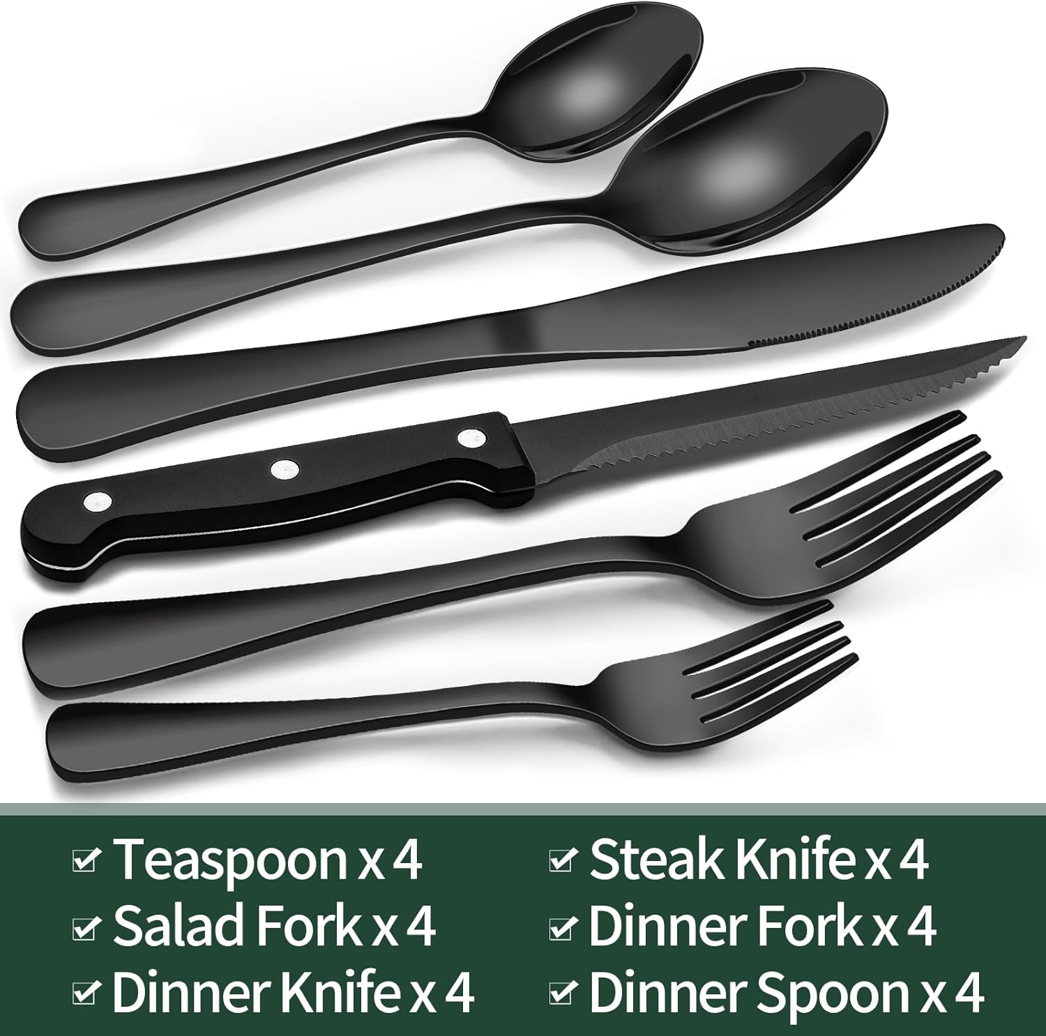 EWFEN 24-Piece Silverware Set with Steak Knives, Food-Grade Stainless Steel Tableware Cutlery Set for 4, Mirror Finished Flatware Utensil for Home Restaurant Black