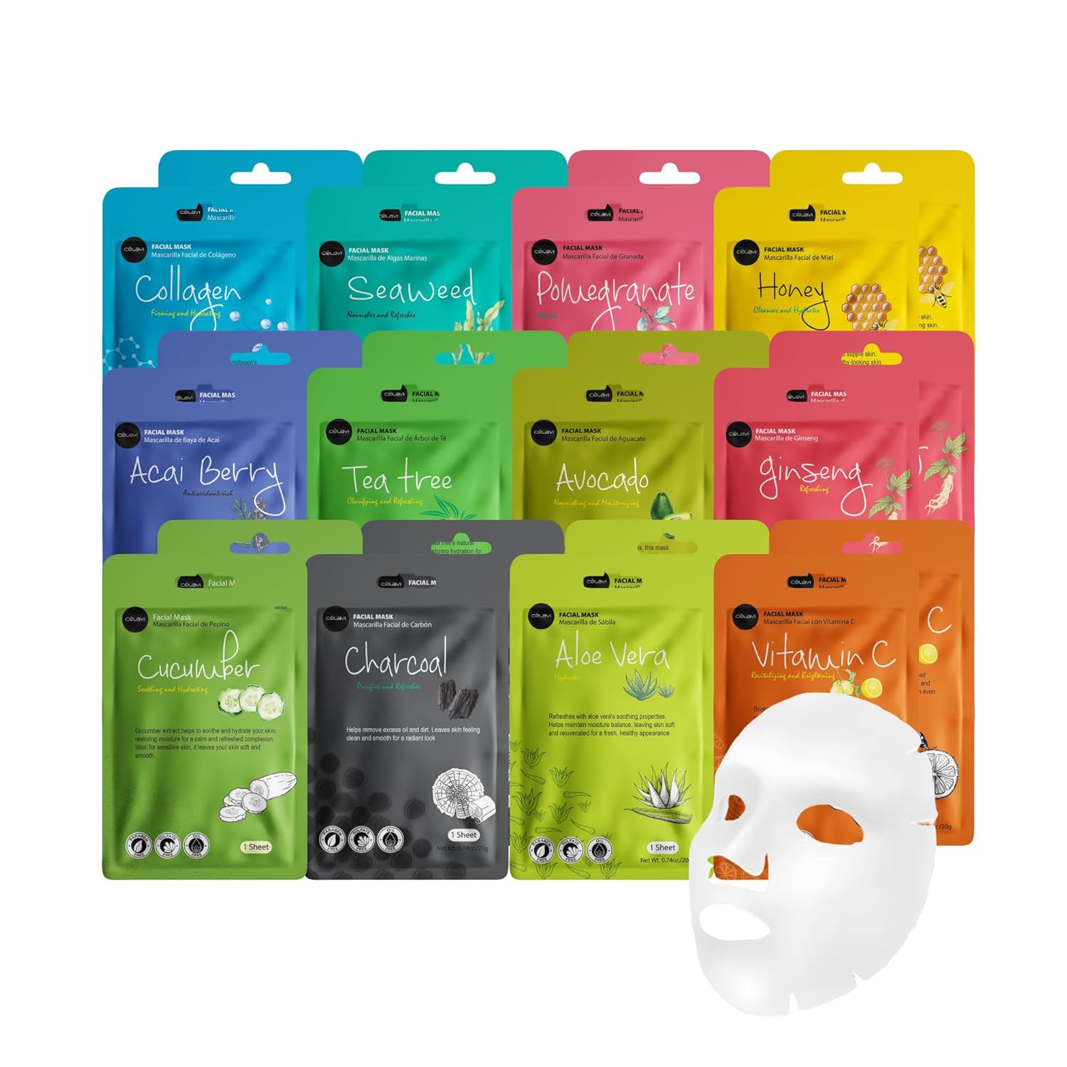 Celavi Essence Facial Sheet Face Mask Variety Set Classic Authentic Korean Moisturizing Skincare (12-Packs)