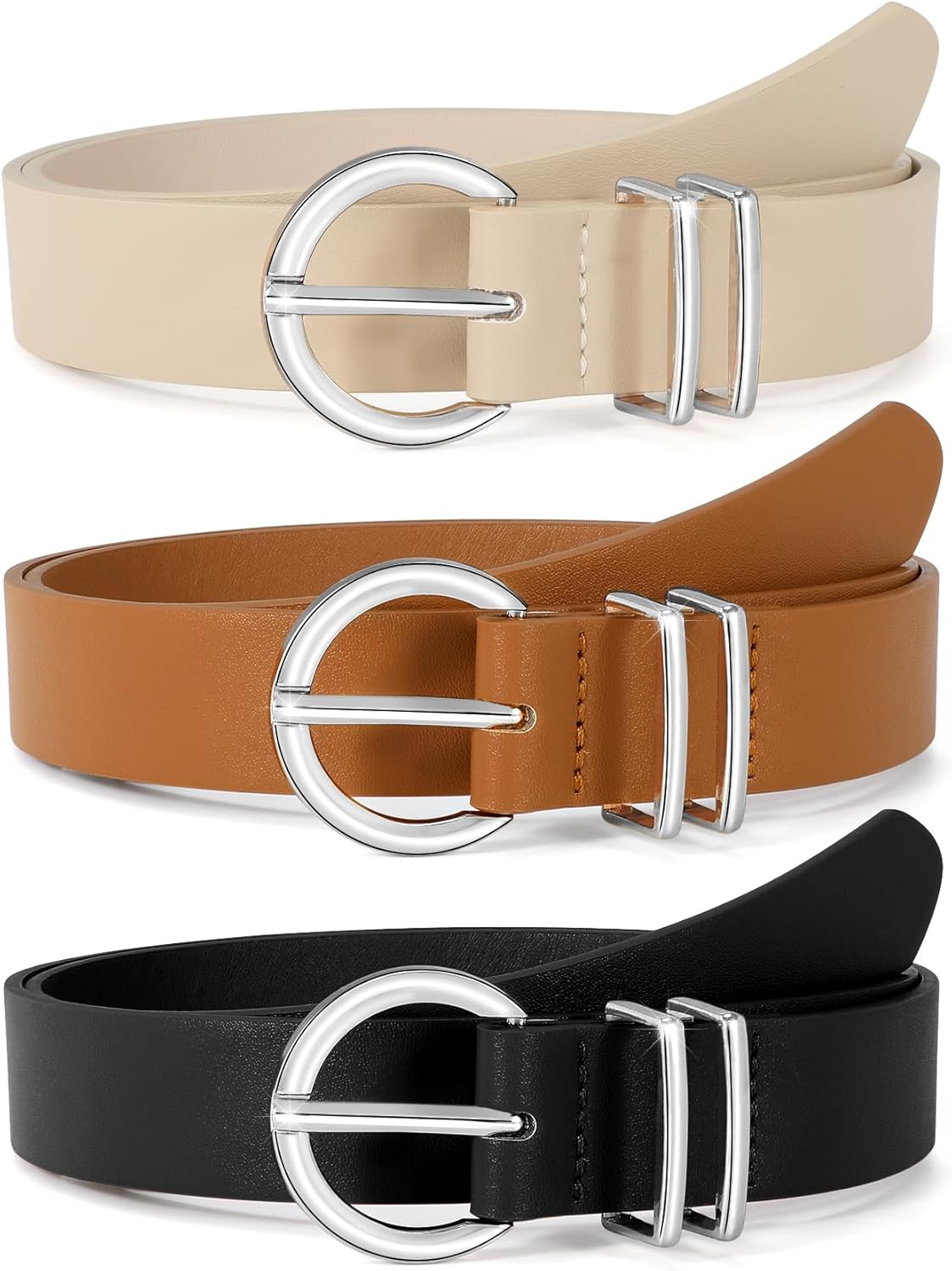 VONMELLI 3 Pack Women's Leather Belts for Jeans Dresses Ladies Waist Belt with Fashion Gold Buckle