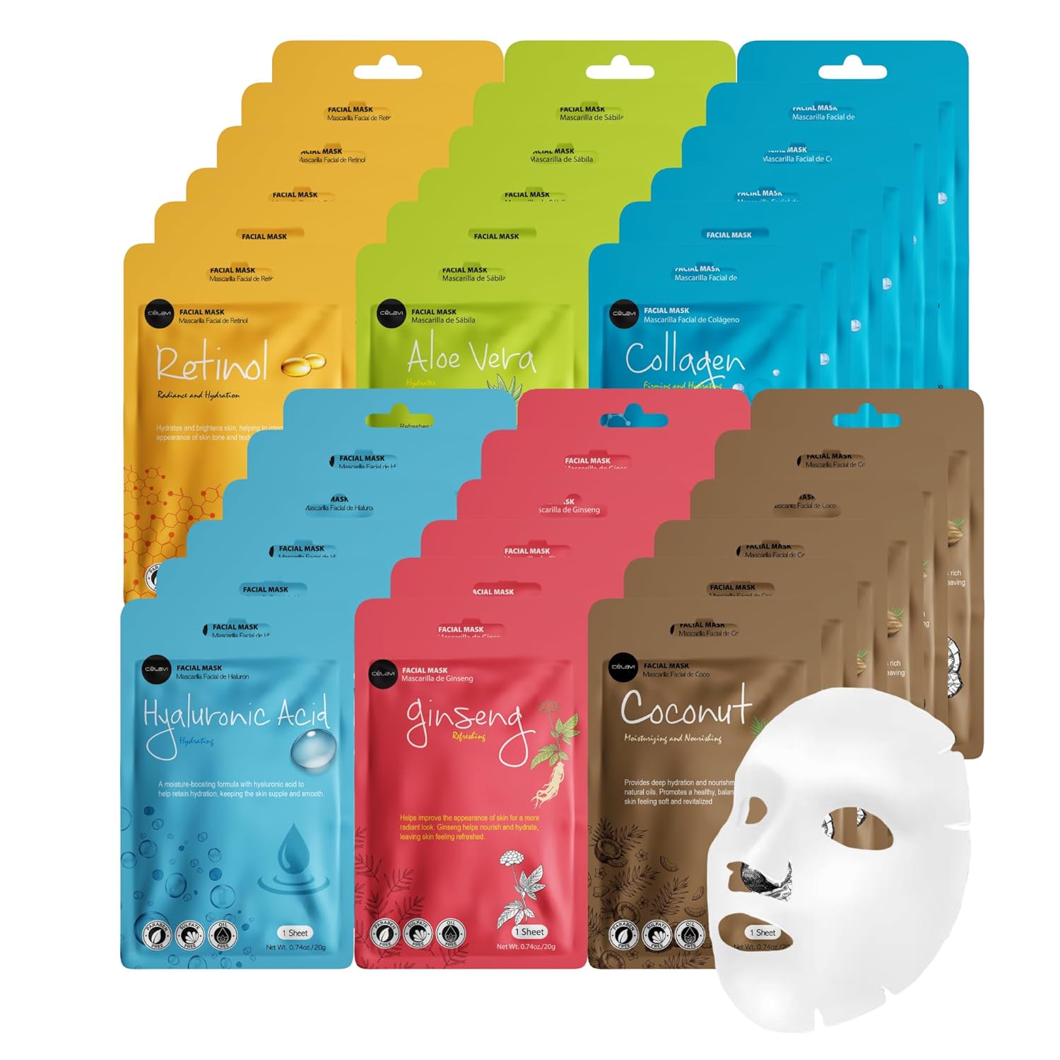 Celavi Essence Facial Sheet Face Mask Variety Set Classic Authentic Korean Moisturizing Skincare (12-Packs)