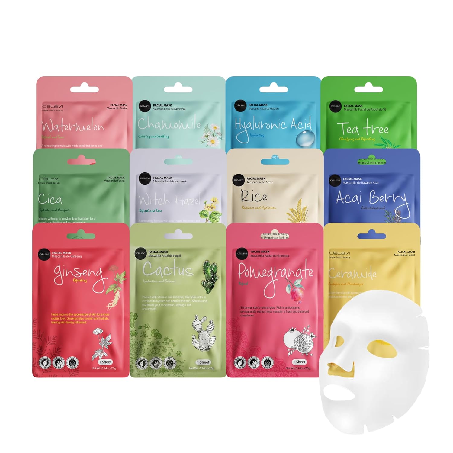Celavi Essence Facial Sheet Face Mask Variety Set Classic Authentic Korean Moisturizing Skincare (12-Packs)