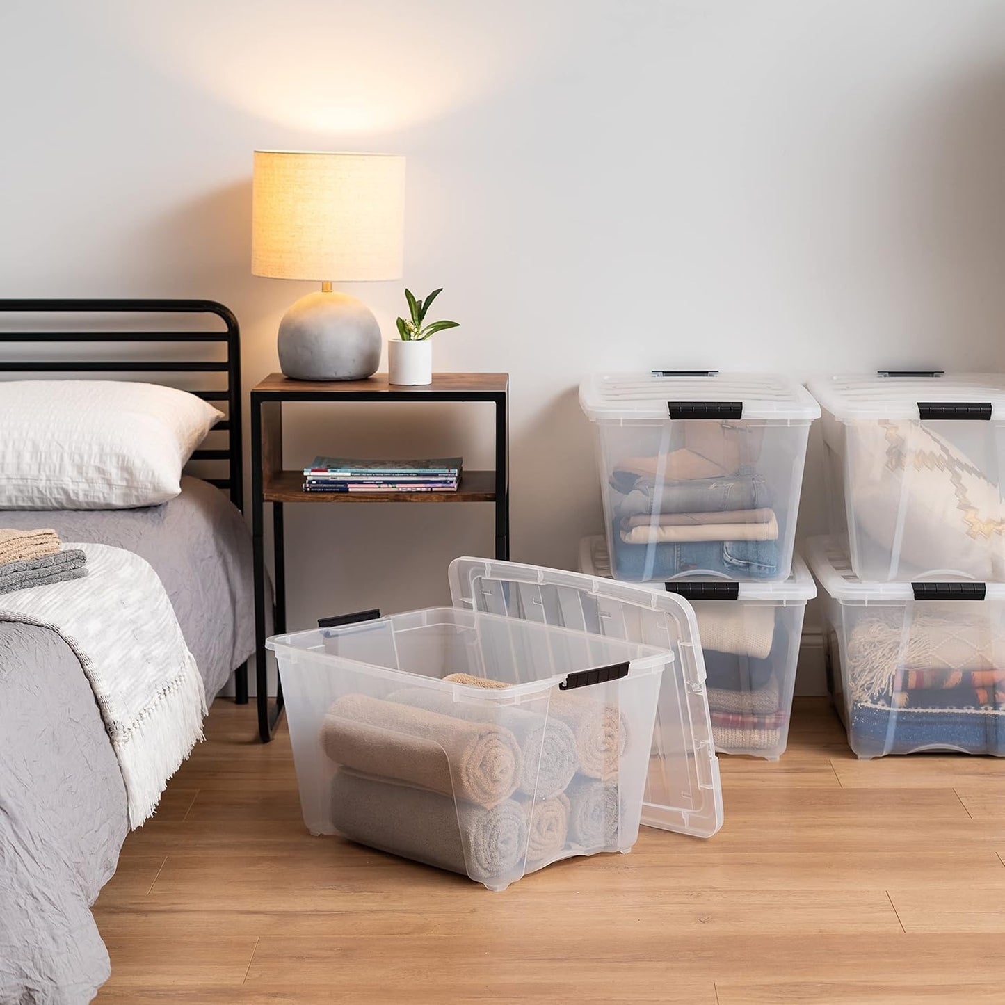IRIS USA 54 Qt Stackable Plastic Storage Bins with Lids, 6 Pack - BPA-Free, Made in USA - See-Through Organizing Solution, Latches, Durable Nestable Containers, Secure Pull Handle - Clear