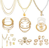 IFKM Gold Plated Jewelry Set for Women,14k Gold Plated Multi Layer Necklaces Stackable Bangle Bracelets Stackable Rings Hoop Earrings Set Anniversary Trendy Elegance Charms Anniversary Birthday Jewelry Gift