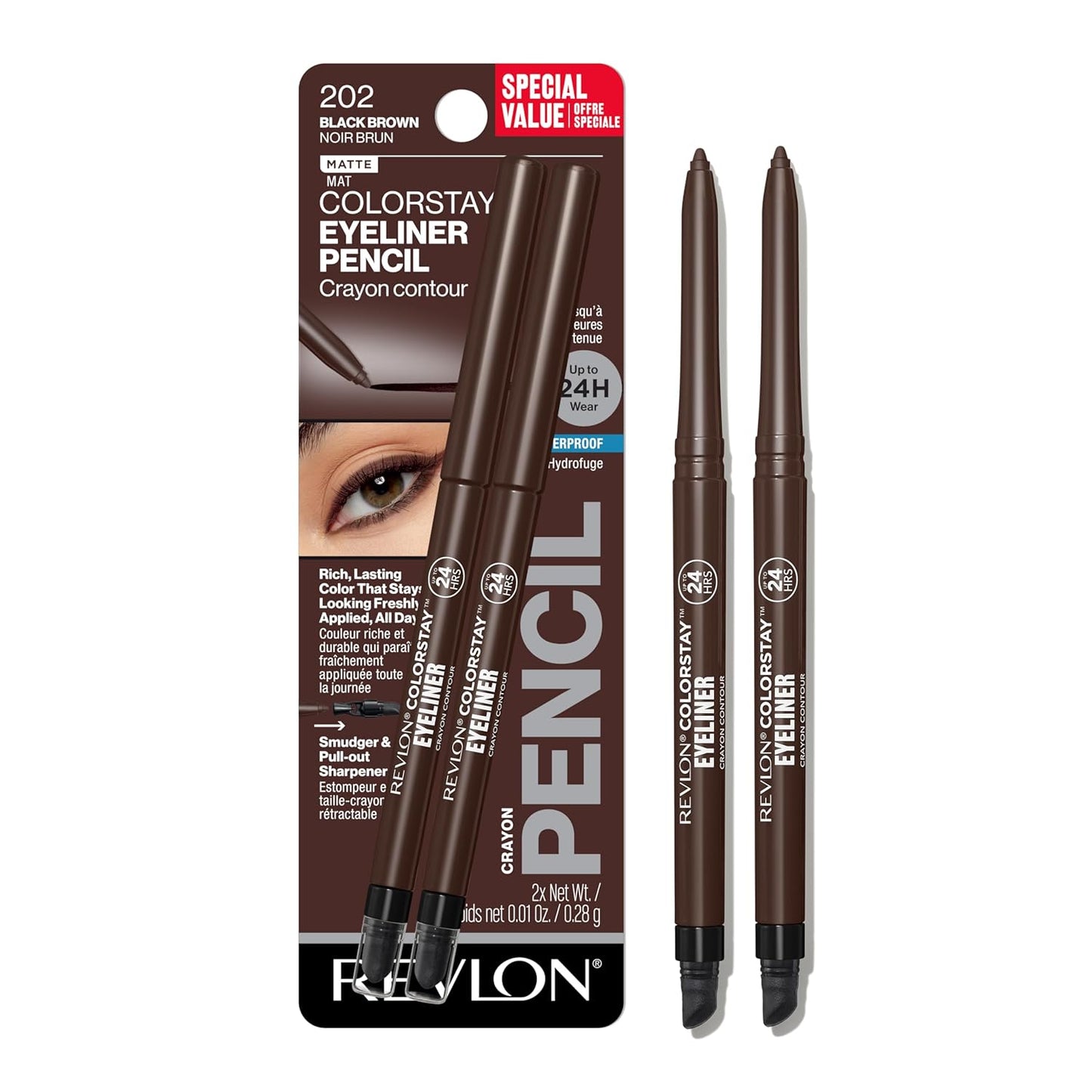 Revlon ColorStay Pencil Waterproof Eyeliner, Smudge-Proof, Eye Makeup with Built-In Sharpener, Stocking Stuffer for Women, 201 Black, 2 pack