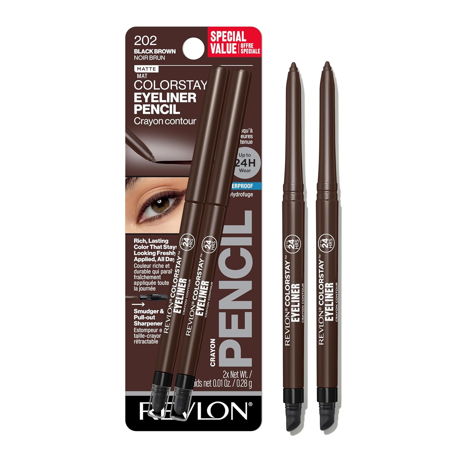 Revlon ColorStay Pencil Waterproof Eyeliner, Smudge-Proof, Eye Makeup with Built-In Sharpener, Stocking Stuffer for Women, 201 Black, 2 pack