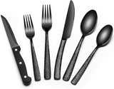 EWFEN 24-Piece Silverware Set with Steak Knives, Food-Grade Stainless Steel Tableware Cutlery Set for 4, Mirror Finished Flatware Utensil for Home Restaurant Black