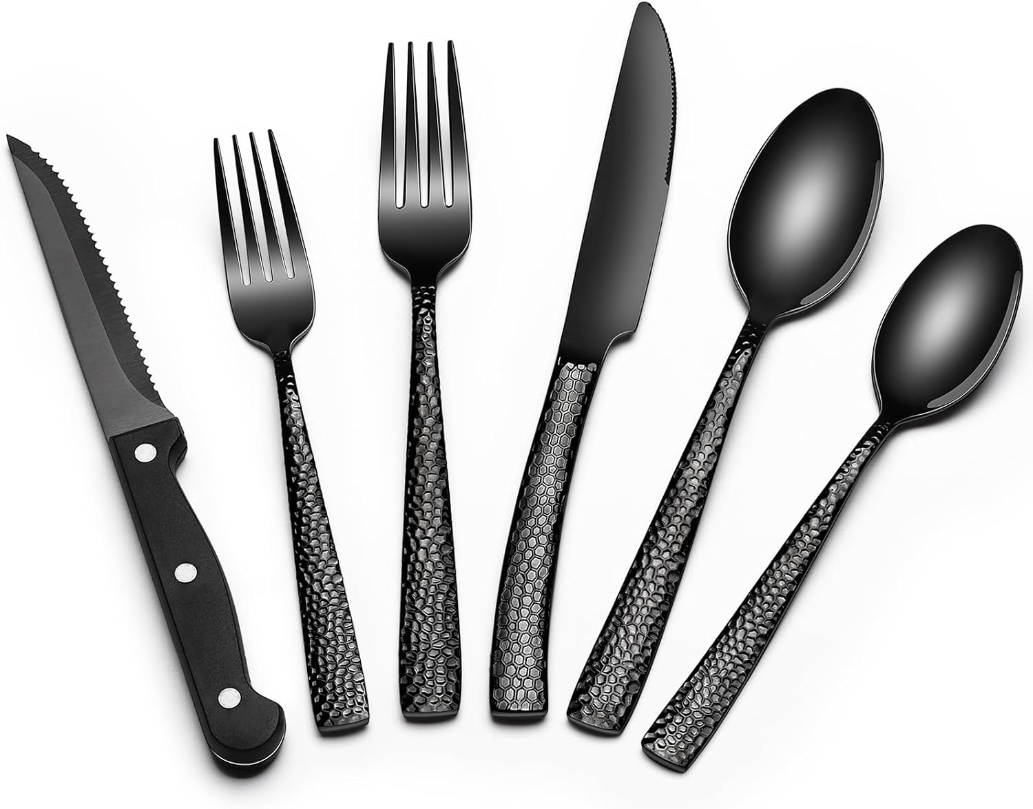 EWFEN 24-Piece Silverware Set with Steak Knives, Food-Grade Stainless Steel Tableware Cutlery Set for 4, Mirror Finished Flatware Utensil for Home Restaurant Black