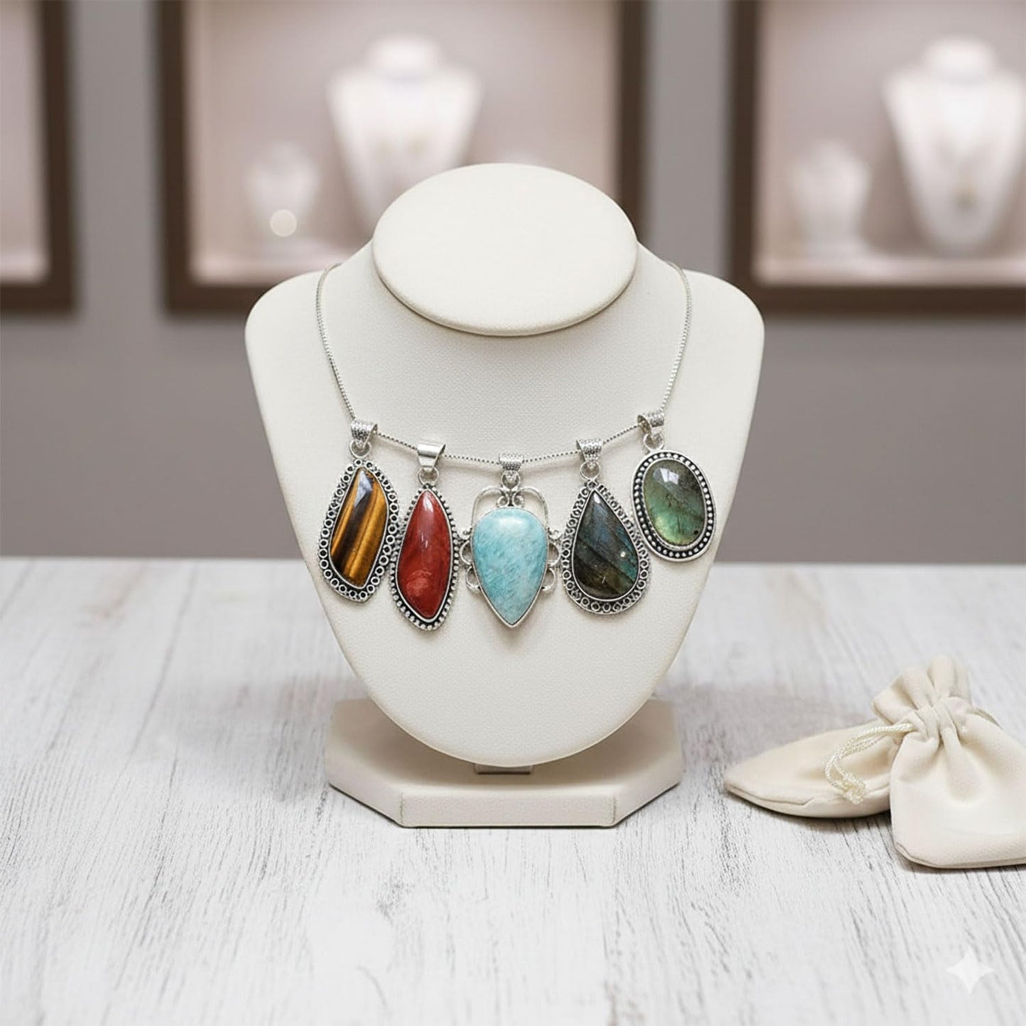 Handmade 10 Pcs Gemstone Pendant Necklace Set for Women, Silver Pendants for Women