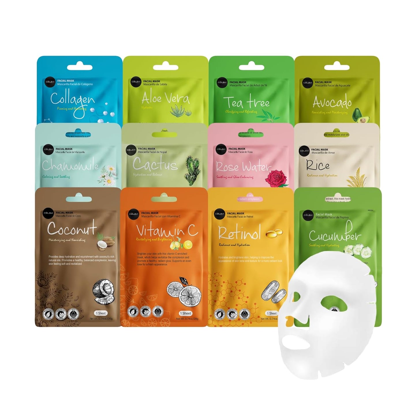 Celavi Essence Facial Sheet Face Mask Variety Set Classic Authentic Korean Moisturizing Skincare (12-Packs)