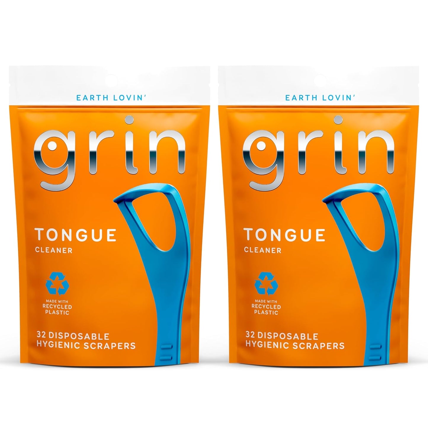 GRIN Tongue Cleaner, 32 Count, Disposable Tongue Cleaner, Hygienic Scraper, Recycled Plastic, Clean Tongue, Promote Fresh Breath, Includes Safe Fold- Back Tooth Pick