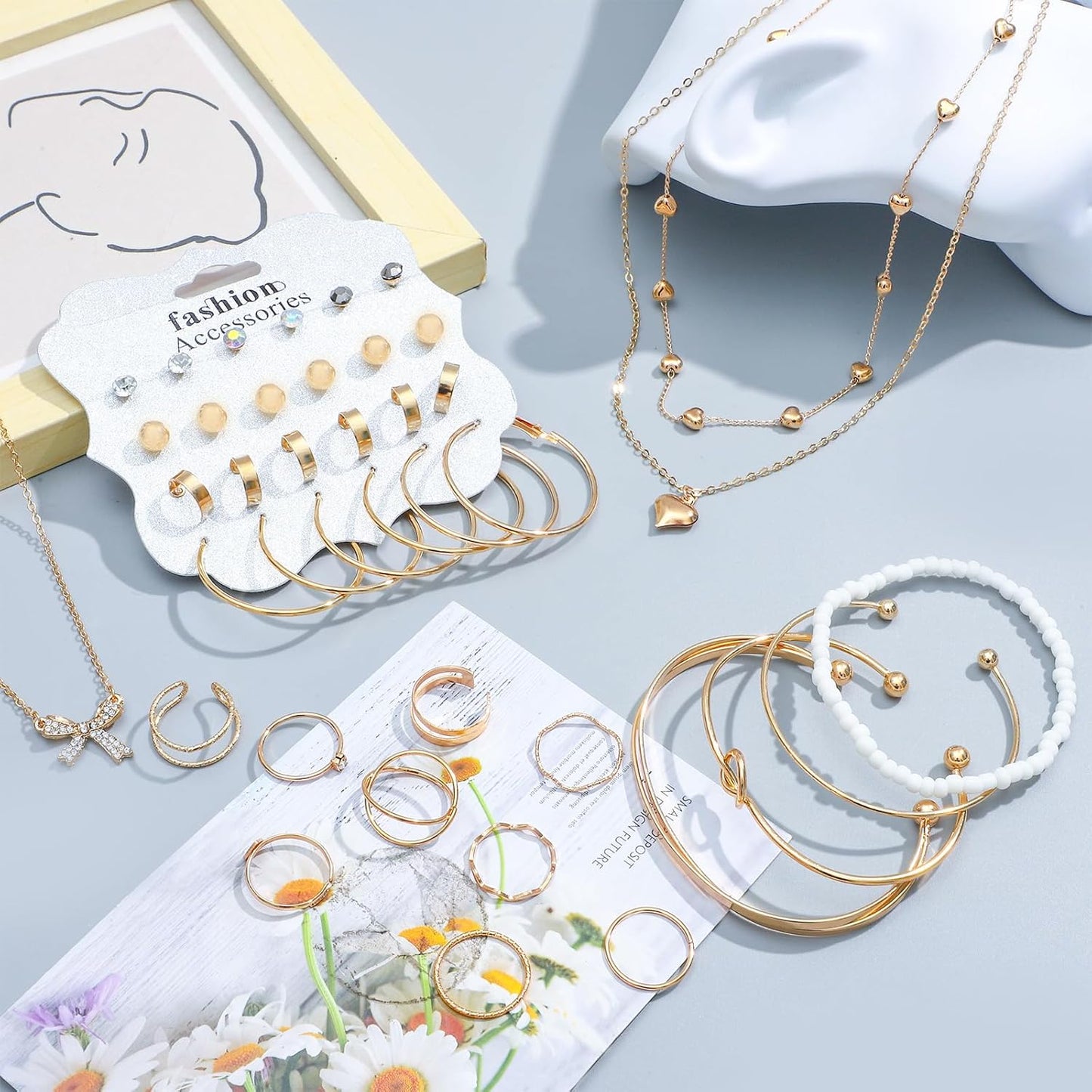 NEWITIN 49 Pieces Gold Jewelry Set for Women Fashion Jewelry Gold Plated Necklace Bracelet Ring Earrings Set for Women
