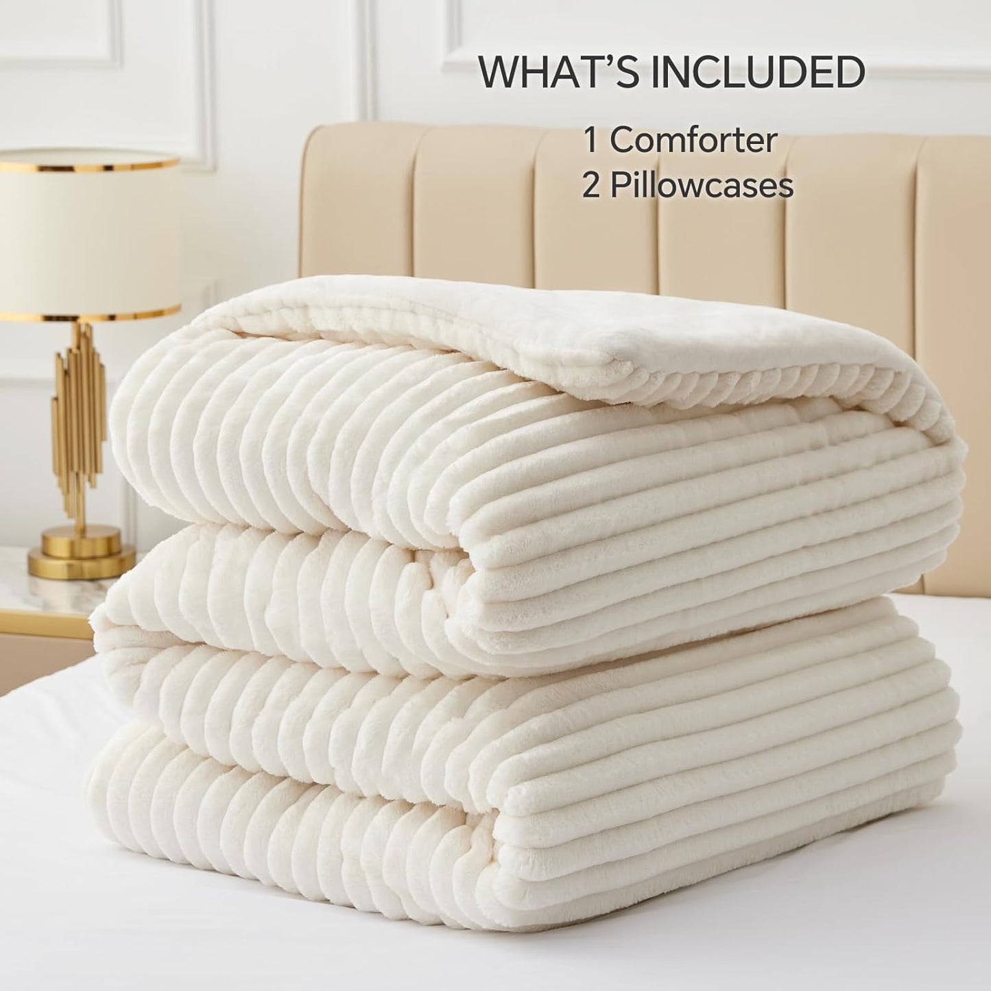 BEDELITE Fleece Comforter Set -Super Soft & Warm Fluffy Cream White Bedding, Luxury Fuzzy Heavy Bed Set for Winter with 2 Pillow Cases