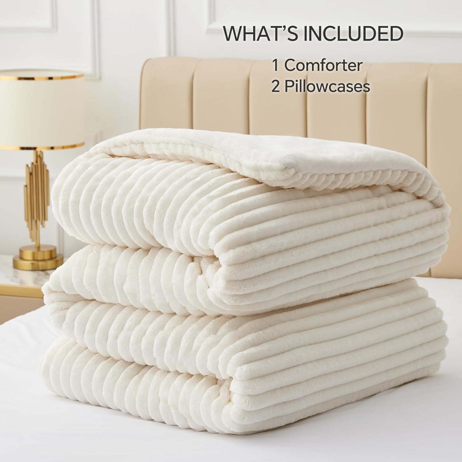 BEDELITE Fleece Comforter Set -Super Soft & Warm Fluffy Cream White Bedding, Luxury Fuzzy Heavy Bed Set for Winter with 2 Pillow Cases