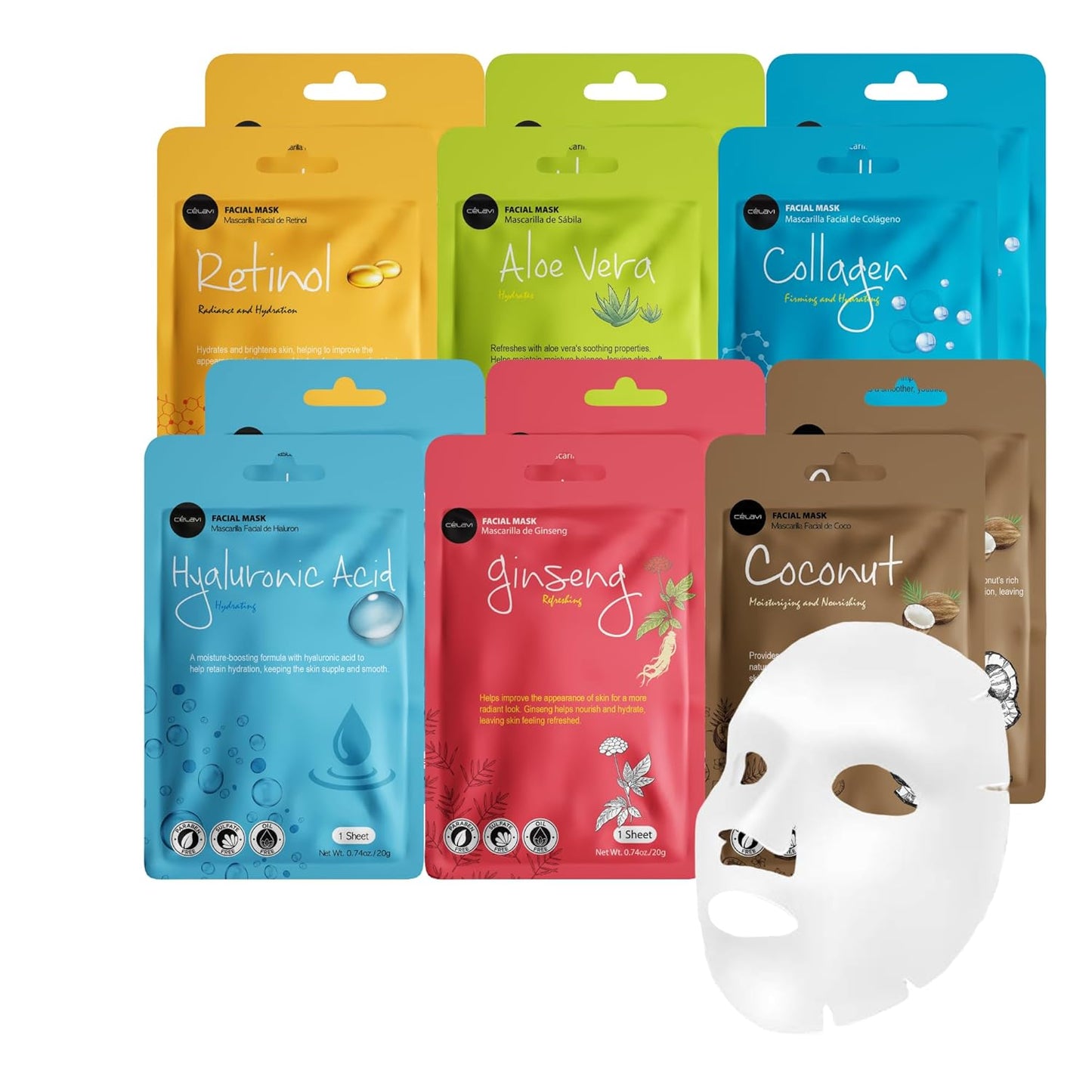 Celavi Essence Facial Sheet Face Mask Variety Set Classic Authentic Korean Moisturizing Skincare (12-Packs)