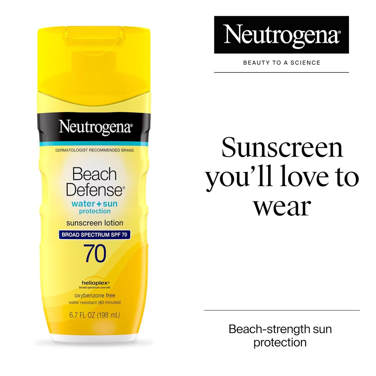Neutrogena Sunscreen Lotion Beach Defense SPF 70, Face & Body Sunscreen, Broad, Fast Absorbing, 6.7 Fl Oz, Water Resistant 80 Min, Oil-Free, Oxybenzone & Octinoxate Free