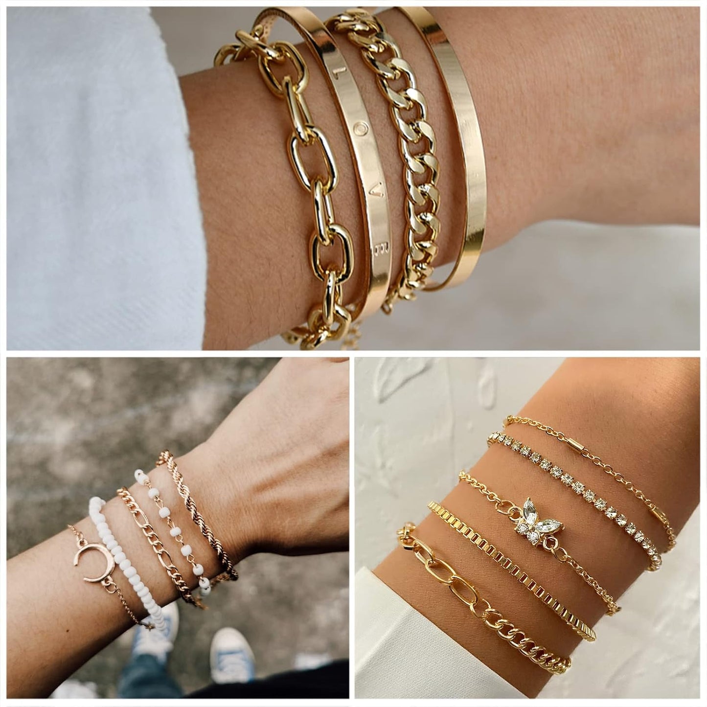 IFKM Gold Plated Jewelry Set for Women,14k Gold Plated Multi Layer Necklaces Stackable Bangle Bracelets Stackable Rings Hoop Earrings Set Anniversary Trendy Elegance Charms Anniversary Birthday Jewelry Gift