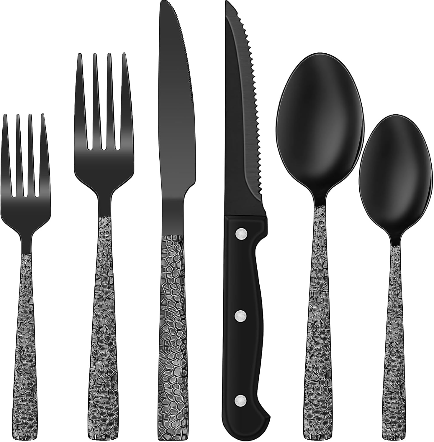 EWFEN 24-Piece Silverware Set with Steak Knives, Food-Grade Stainless Steel Tableware Cutlery Set for 4, Mirror Finished Flatware Utensil for Home Restaurant Black