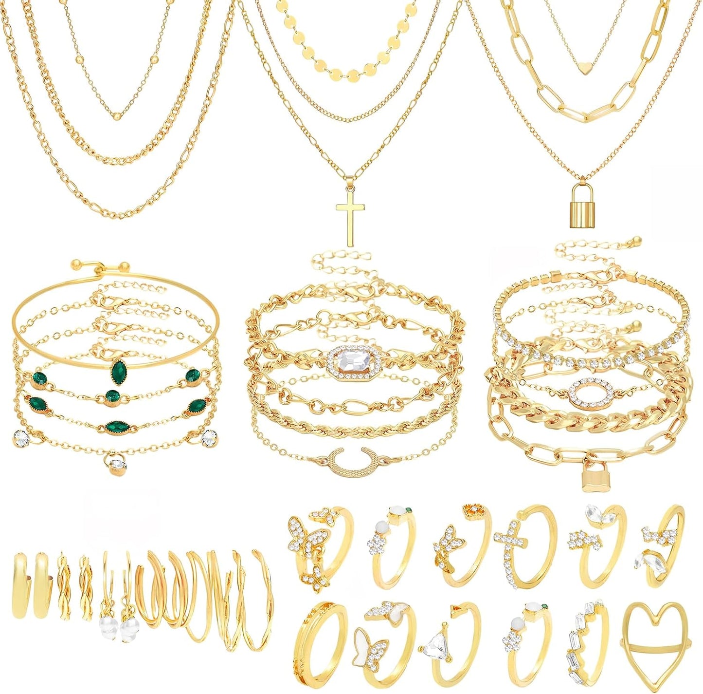 NEWITIN 49 Pieces Gold Jewelry Set for Women Fashion Jewelry Gold Plated Necklace Bracelet Ring Earrings Set for Women