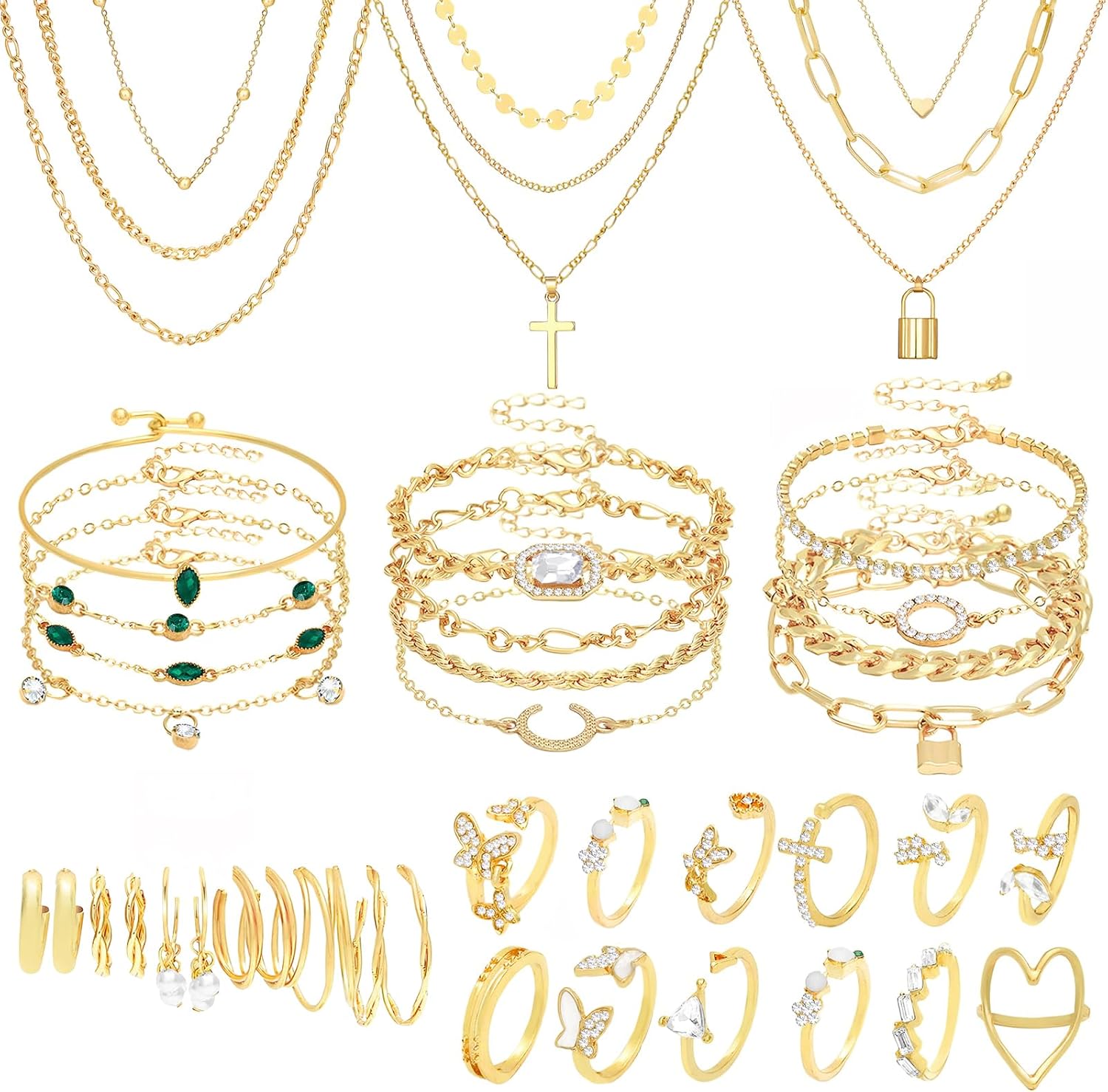 NEWITIN 49 Pieces Gold Jewelry Set for Women Fashion Jewelry Gold Plated Necklace Bracelet Ring Earrings Set for Women