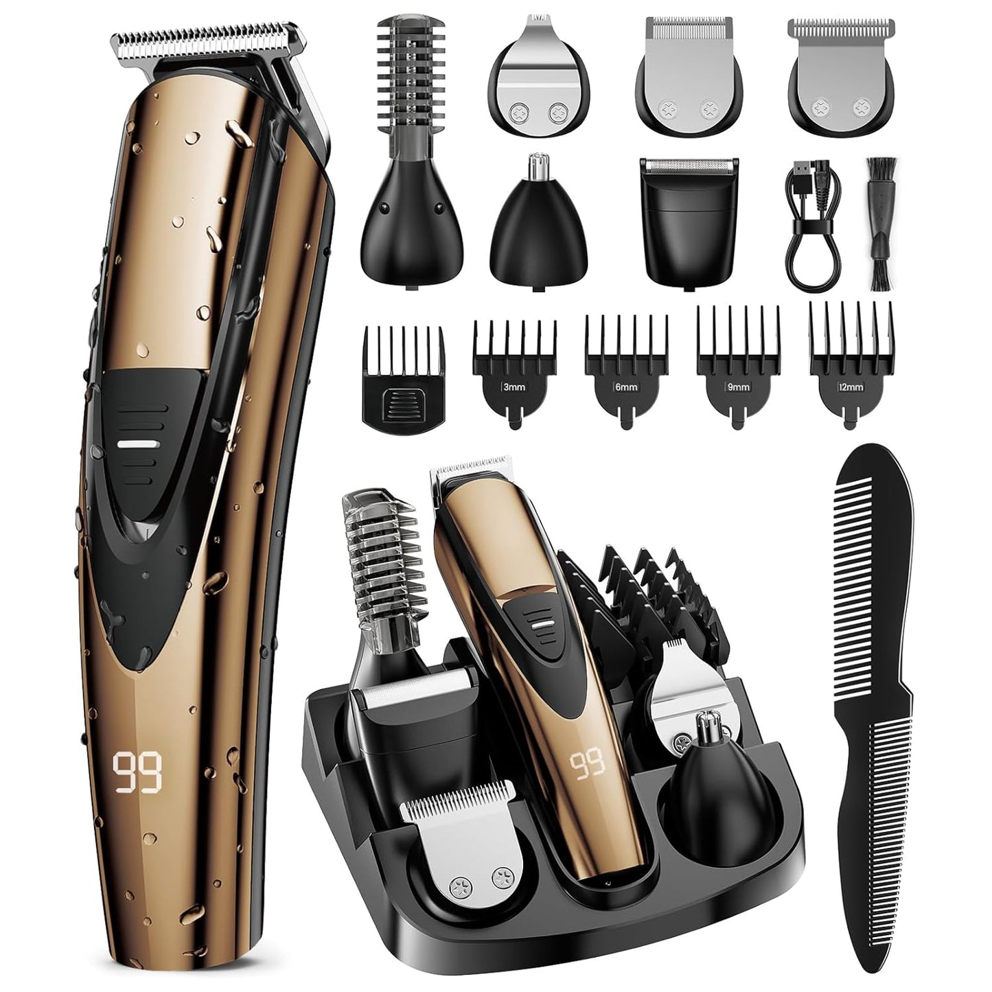 SHPAVVER Beard Trimmer for Men: Professional Barber Hair Clip - 12-in-1 Cordless Grooming Kit - Waterproof Electric with Turbo Speed & Precision Blades