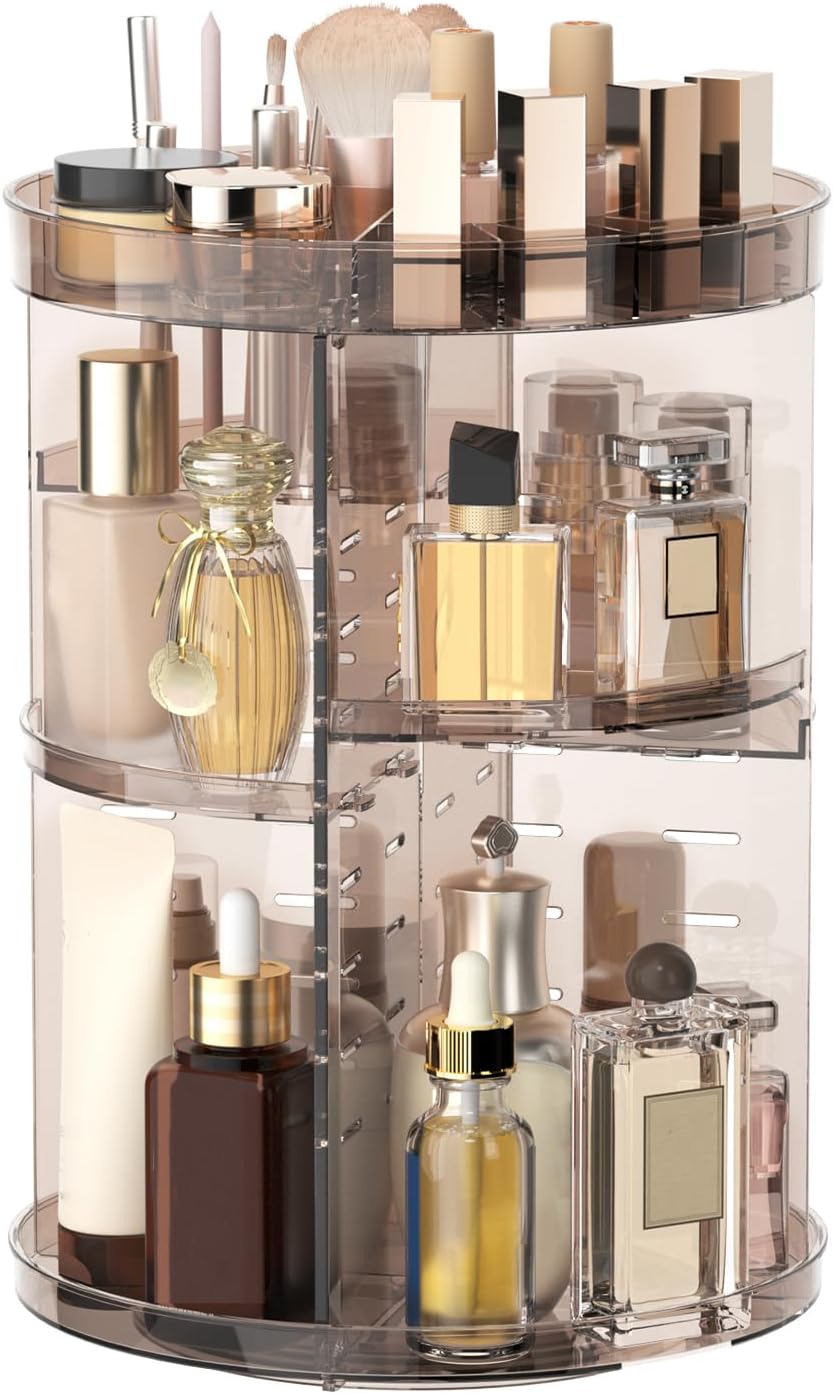 Rotating Makeup Organizer, DIY 8 Adjustable Layers Spinning Skincare Organizer, Cosmetic Display Case with Brush Holder Perfume Tray, Multi-Function Storage Carousel for Vanity Bathroom Countertop