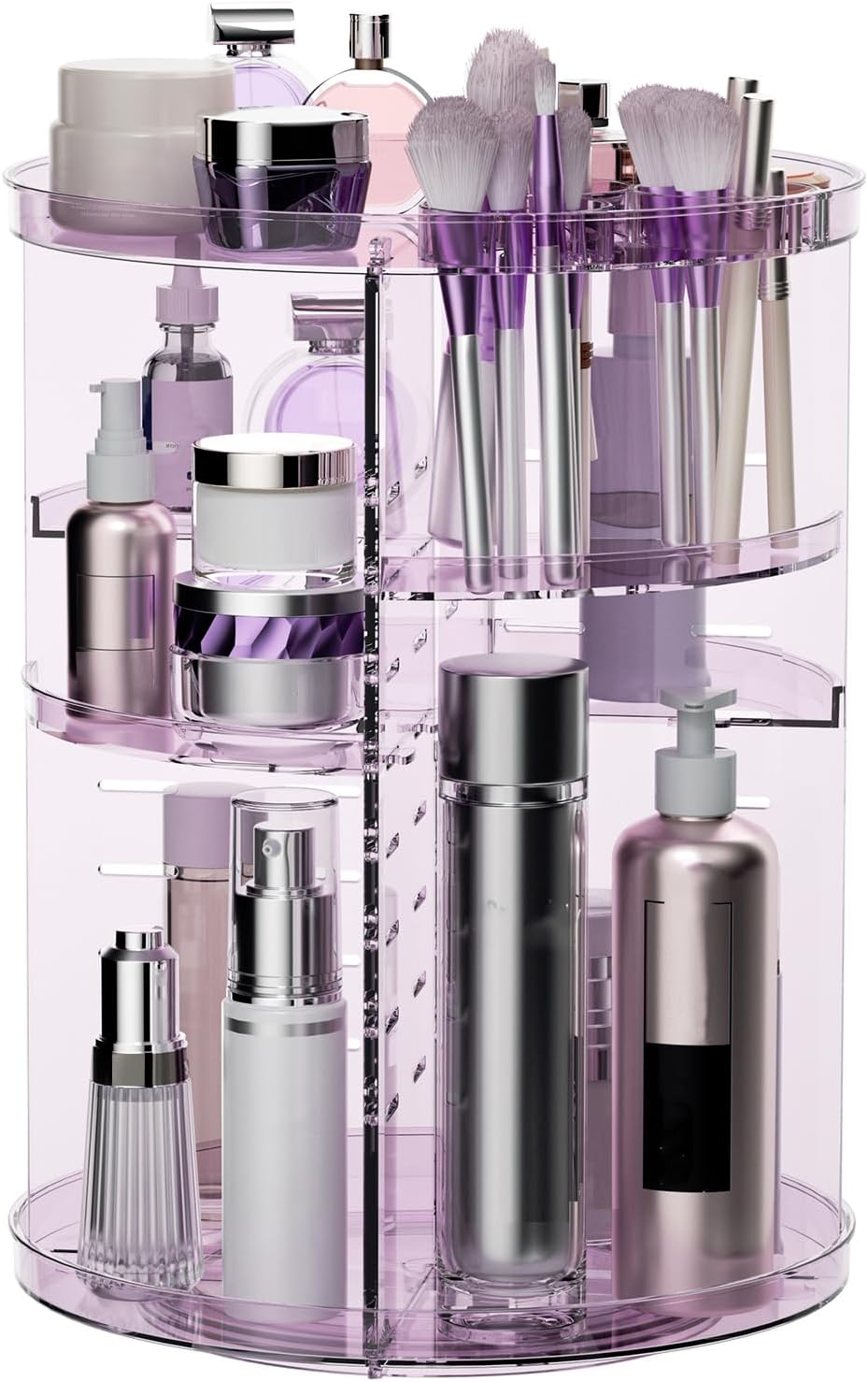 Rotating Makeup Organizer, DIY 8 Adjustable Layers Spinning Skincare Organizer, Cosmetic Display Case with Brush Holder Perfume Tray, Multi-Function Storage Carousel for Vanity Bathroom Countertop
