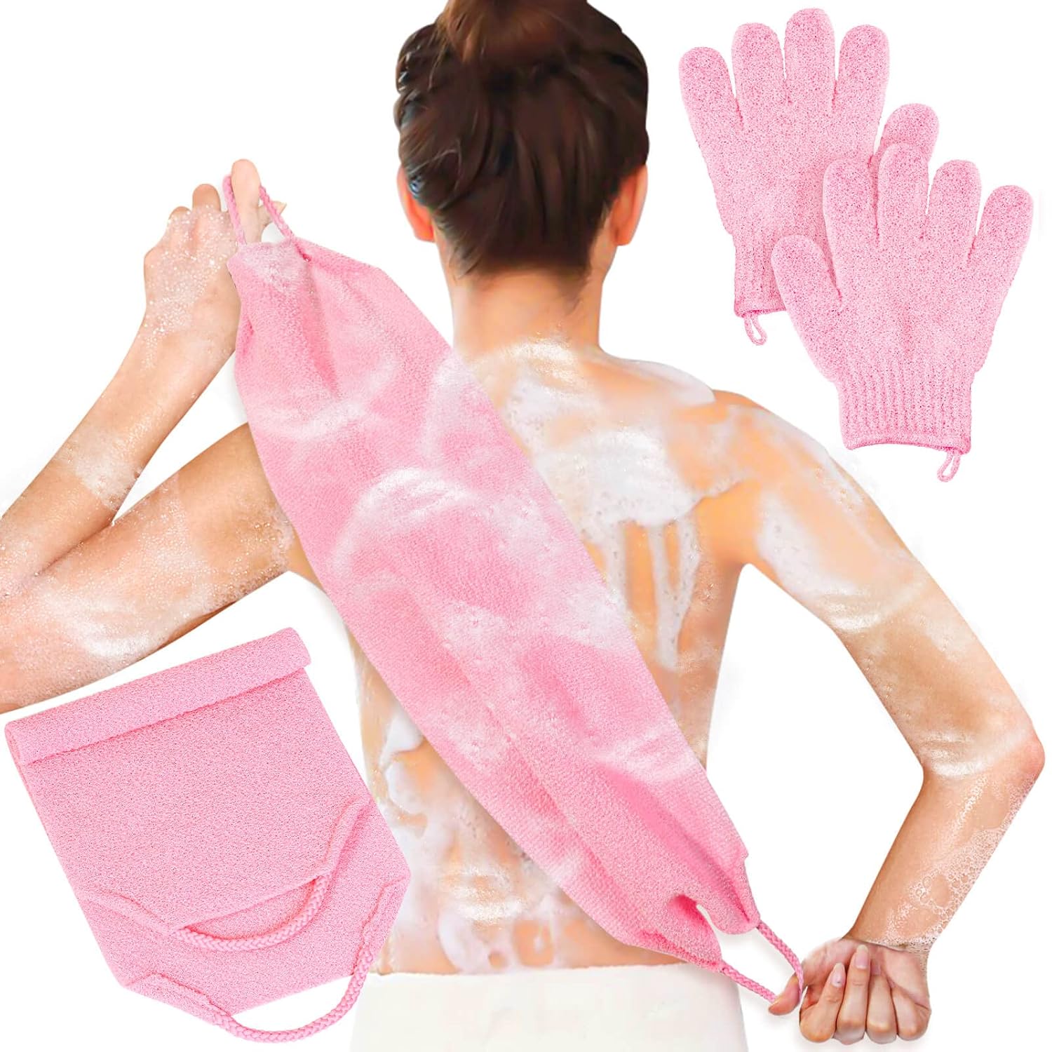 Anezus Exfoliating Back Scrubber Bath Gloves Set, Exfoliating Shower Towel with Shower Gloves for Body Scrub, Back Cleaner Wash Gloves to Remove Dead Skin (Black)