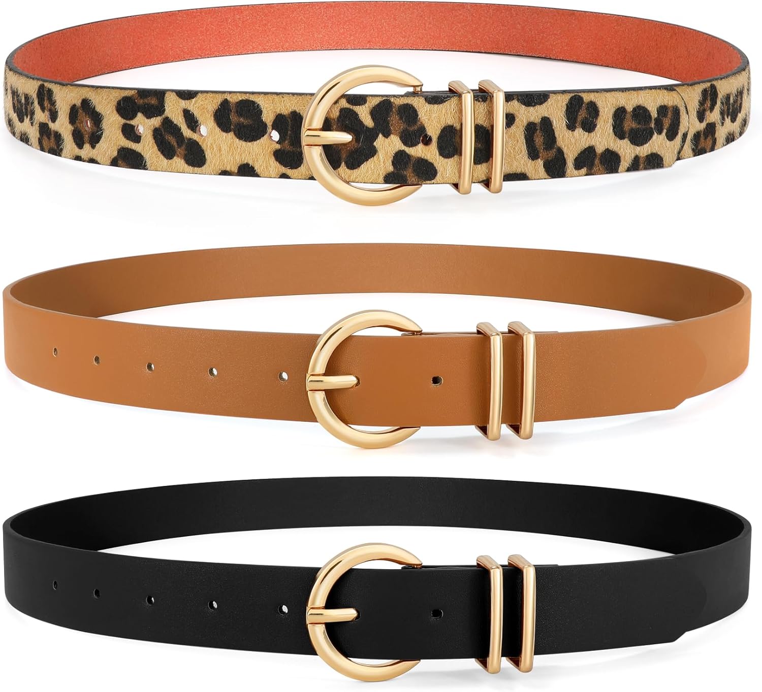 VONMELLI 3 Pack Women's Leather Belts for Jeans Dresses Ladies Waist Belt with Fashion Gold Buckle