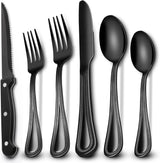 EWFEN 24-Piece Silverware Set with Steak Knives, Food-Grade Stainless Steel Tableware Cutlery Set for 4, Mirror Finished Flatware Utensil for Home Restaurant Black