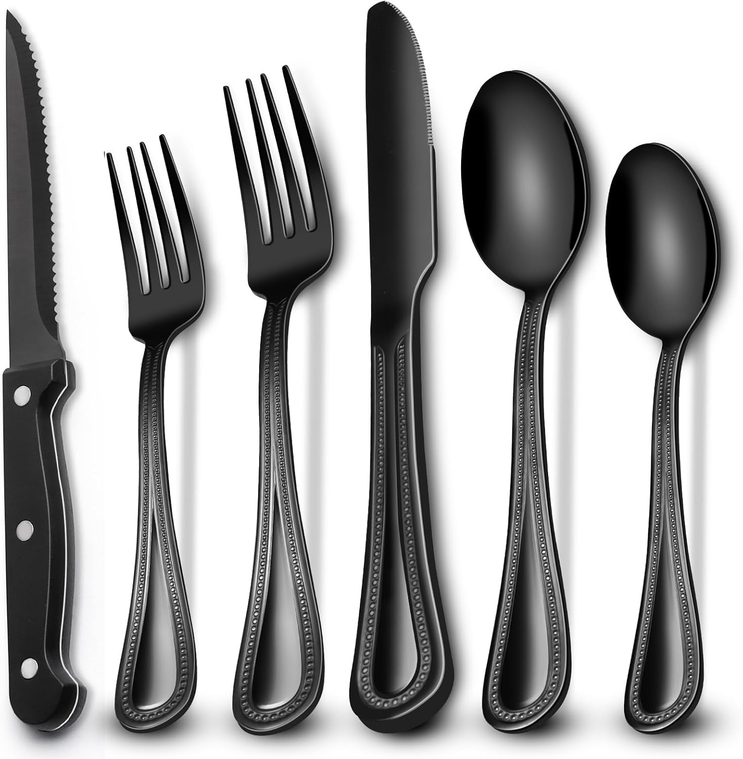 EWFEN 24-Piece Silverware Set with Steak Knives, Food-Grade Stainless Steel Tableware Cutlery Set for 4, Mirror Finished Flatware Utensil for Home Restaurant Black