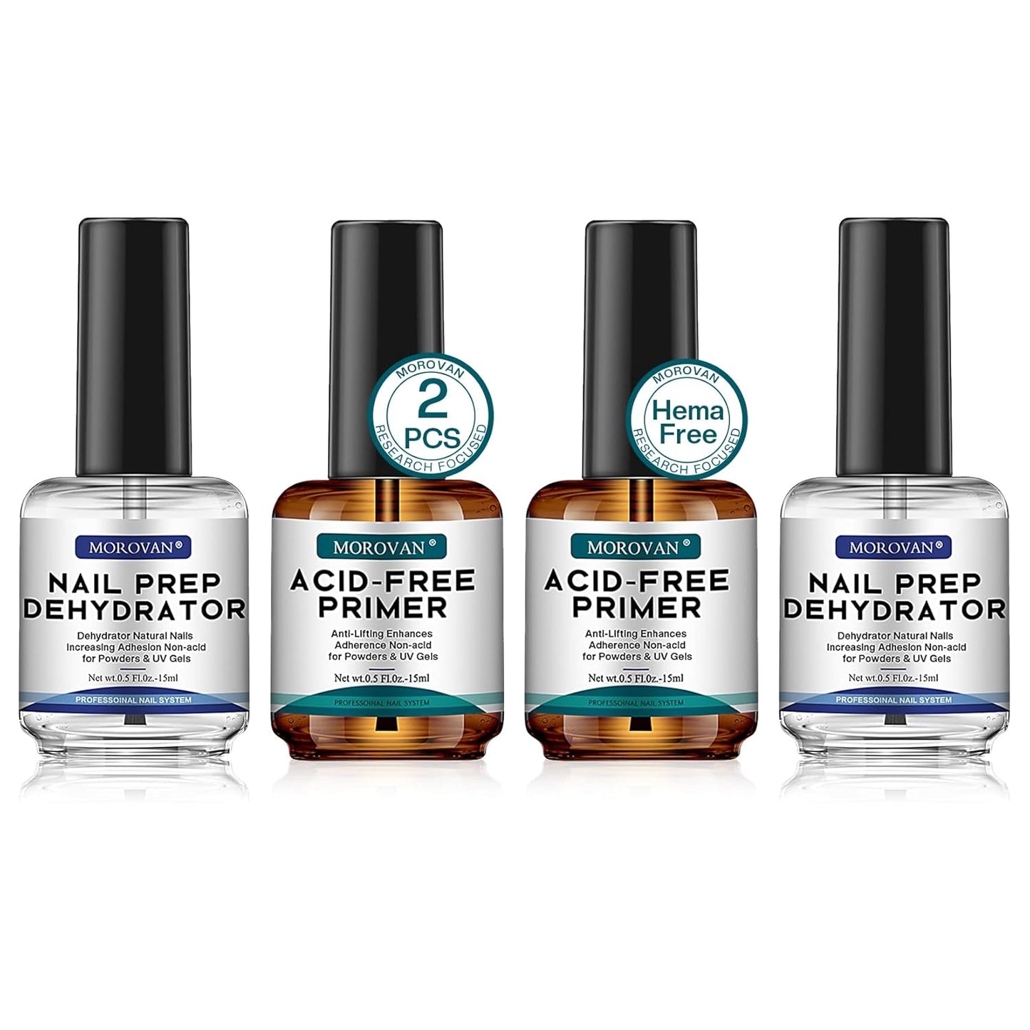 Morovan Professional Natural Nail Prep Dehydrate and Acid-Free Primer, Dehydrator for Acrylic and Gel Nail Polish, Non Acid Primer for UV Gels Fast Dry Superior Bonding Agent Gift Box Set