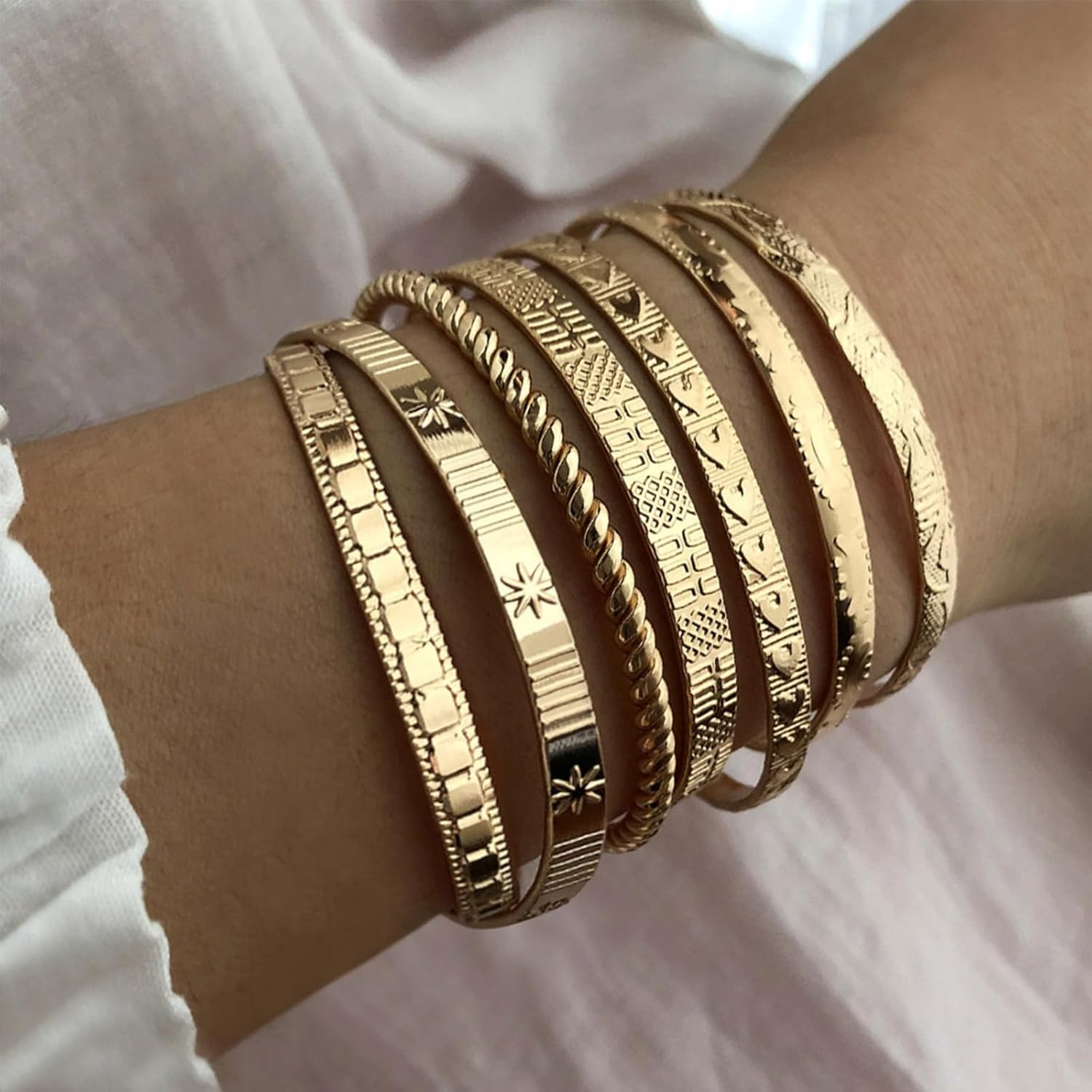 IFKM Gold Bangle Bracelets For Women, 14k Gold Plated Multi Layer Stackable Cuff Bracelet Set, Trendy Elegance Charms Non Tarnish Minimalist Textured Boho Jewelry Gift for Women