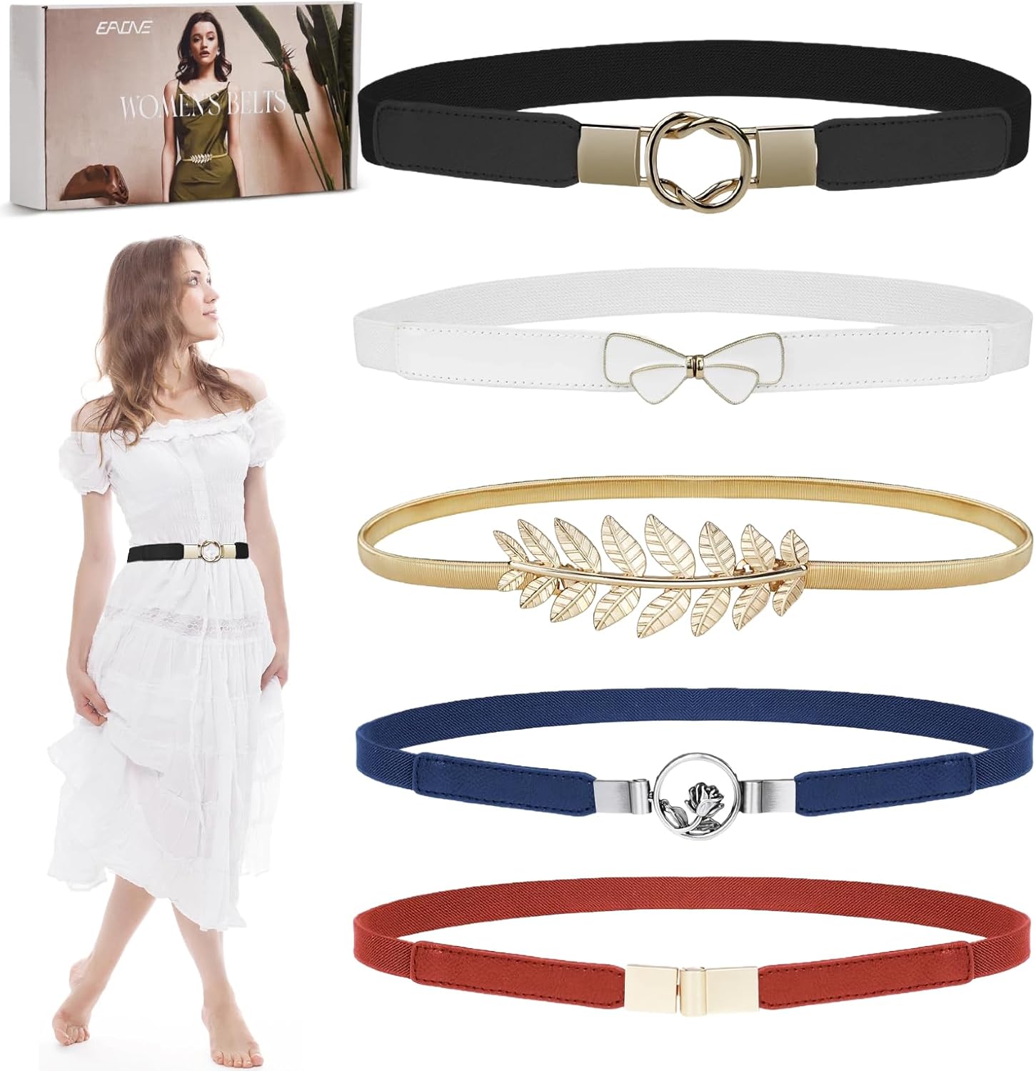 EAONE Skinny Belts for Women 5 Pack, Fashion Dress Belts Stretch Women Waist Belts Plus Size Elastic Waist Band for Dresses