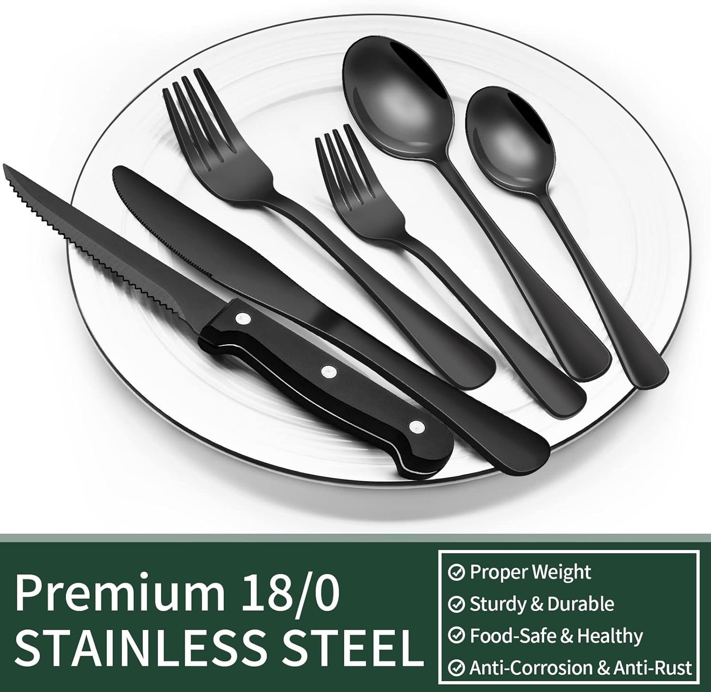 EWFEN 24-Piece Silverware Set with Steak Knives, Food-Grade Stainless Steel Tableware Cutlery Set for 4, Mirror Finished Flatware Utensil for Home Restaurant Black